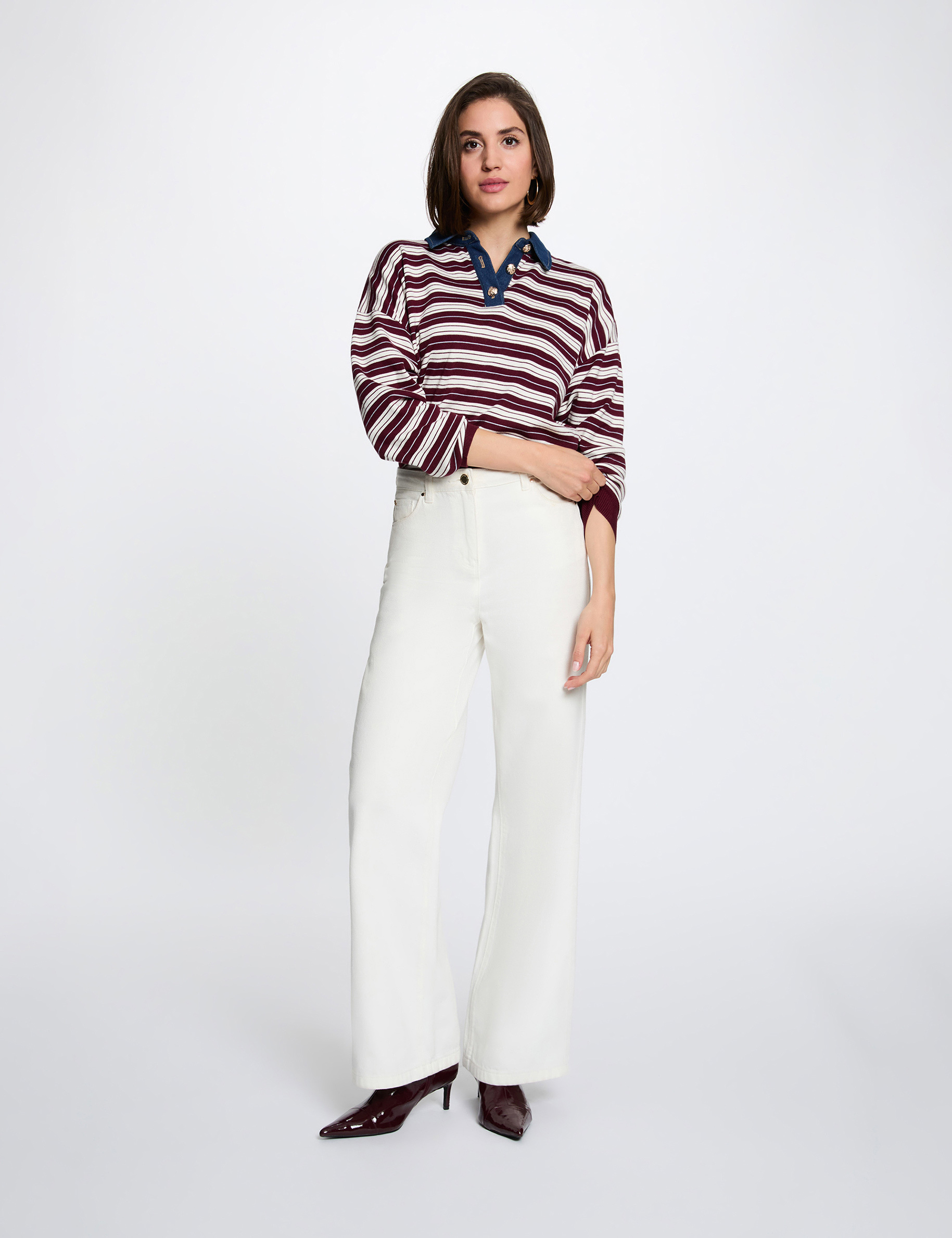 Pull ray&eacute; col &agrave; revers bordeaux femme