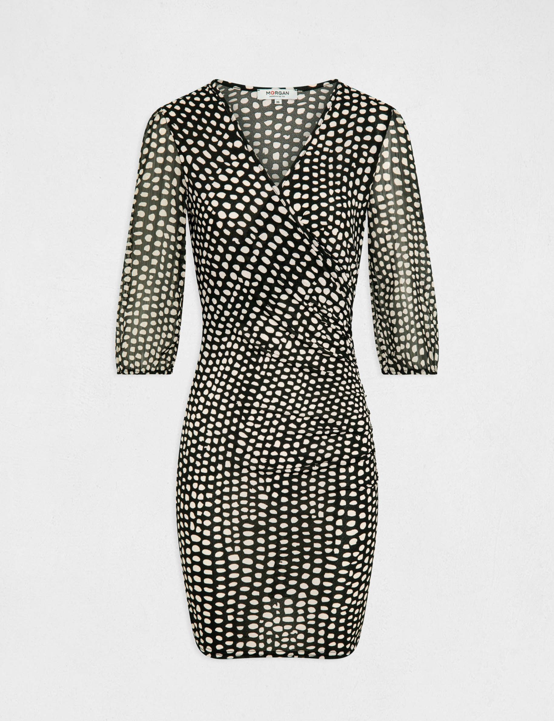 robe ajustee drapee imprime a pois noir femme Robe ajustée drapée imprimé à pois noir femme