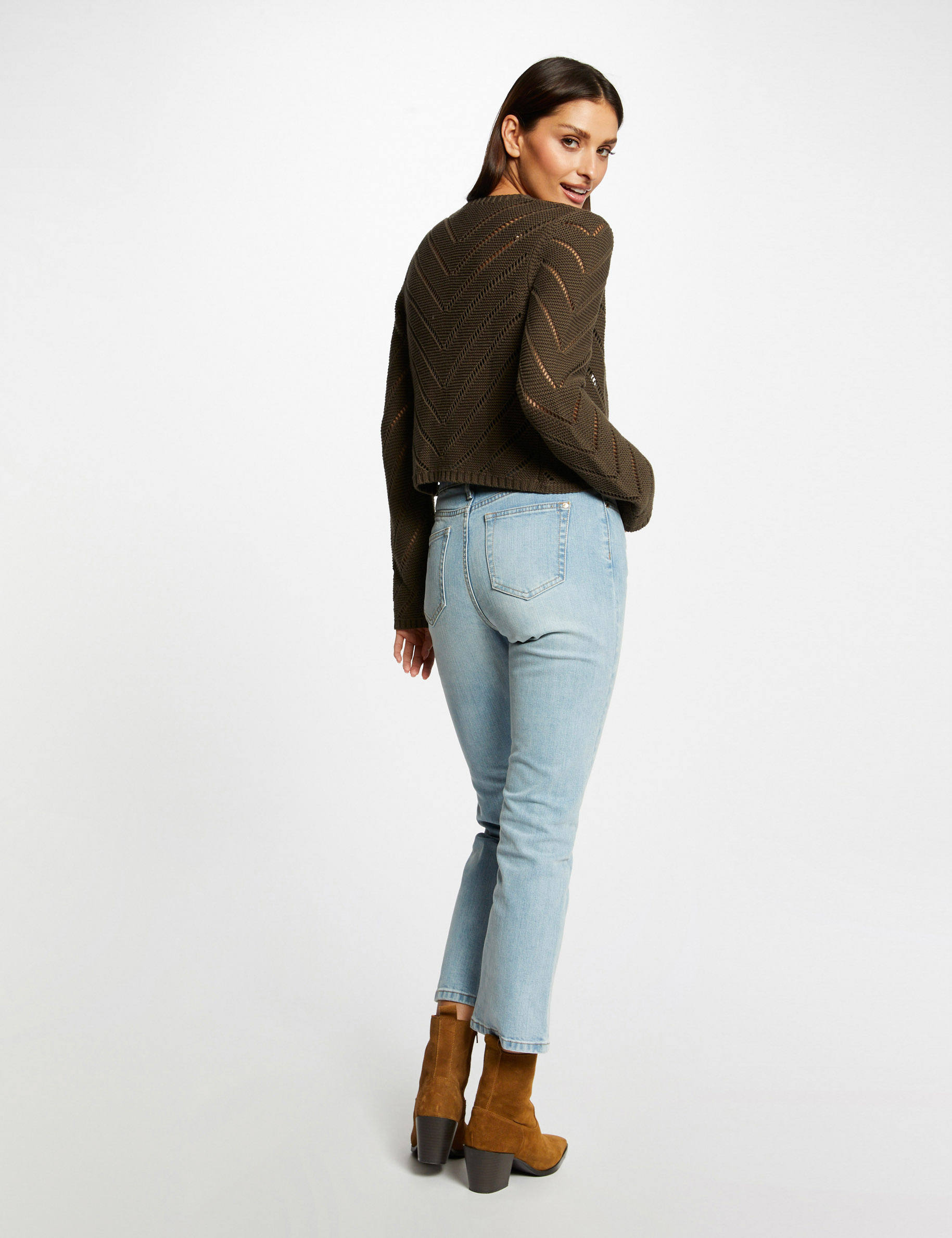 Gilet manches longues à détails ajourés vert kaki femme Gilet manches longues à détails ajourés vert kaki femme