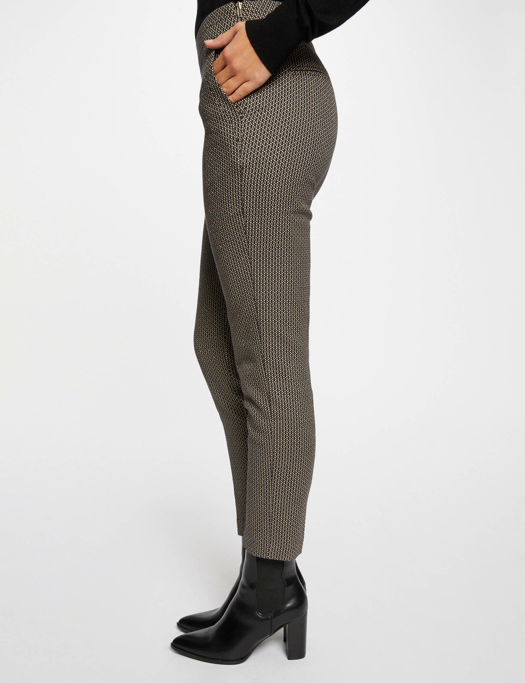 Pantalon cigarette imprimé géométrique noir femme
