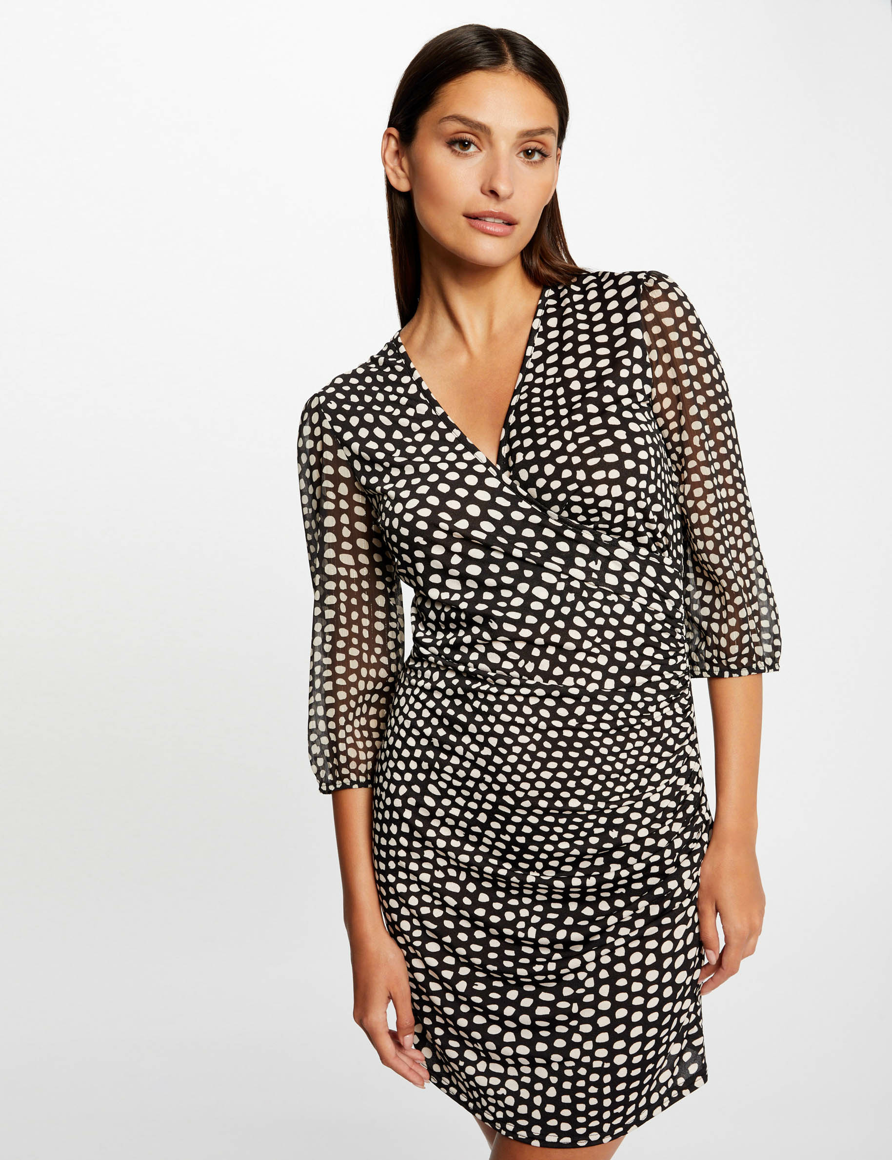 robe ajustee drapee imprime a pois noir femme Robe ajustée drapée imprimé à pois noir femme