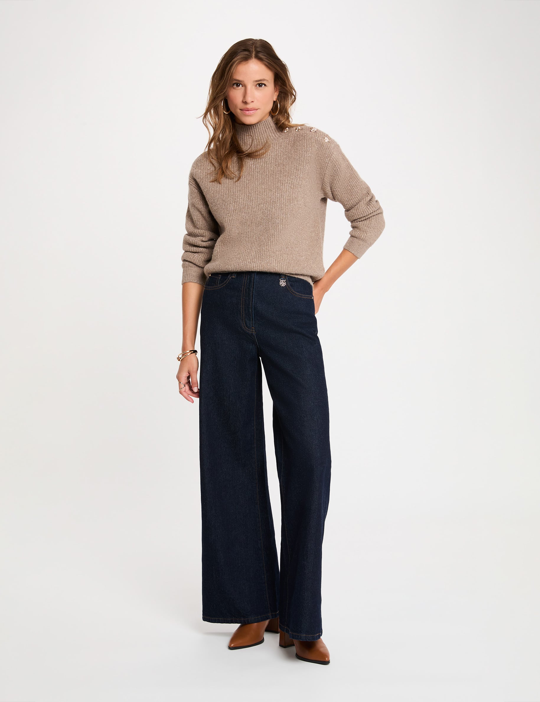 Pull col montant taupe femme