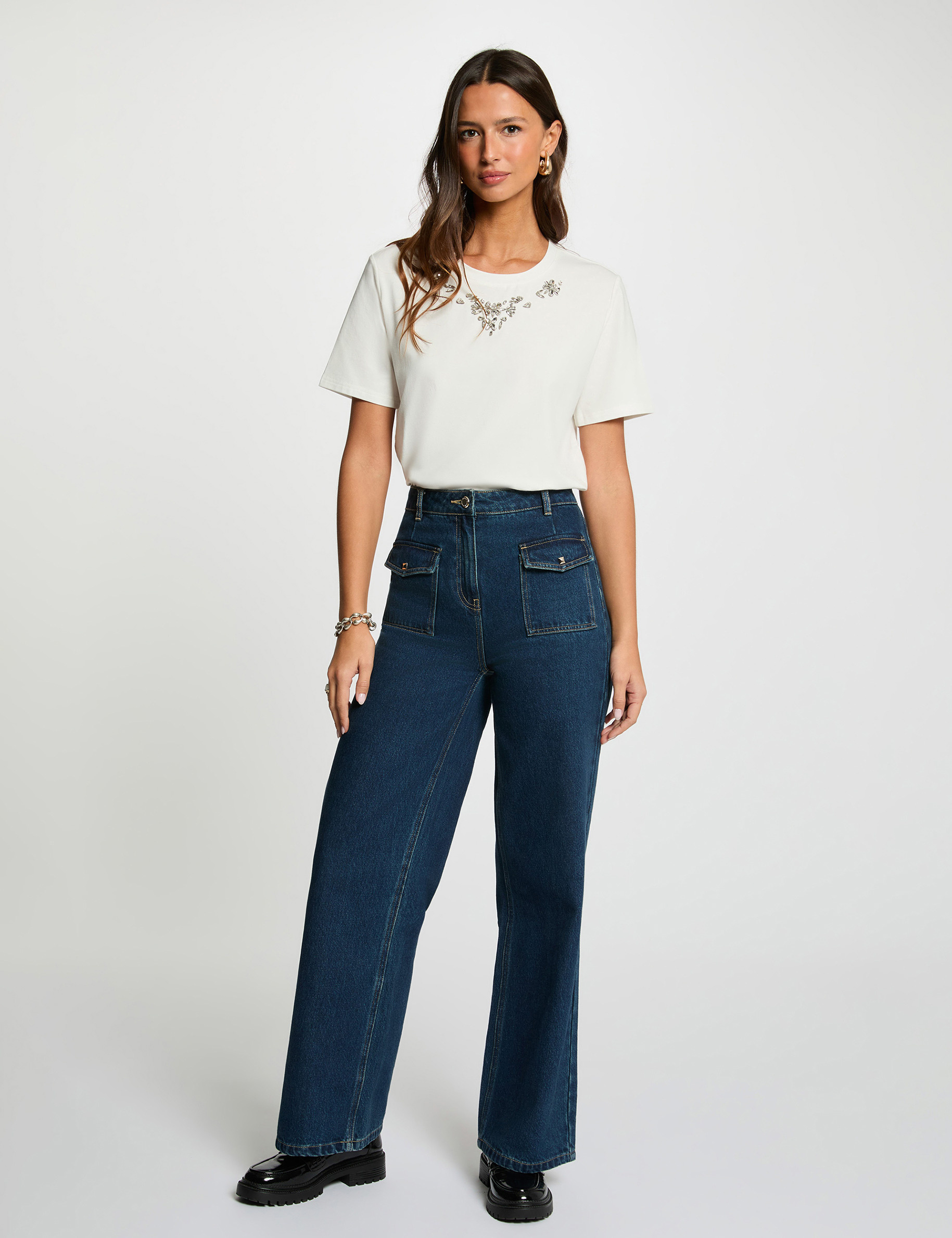 T-shirt strass manches courtes blanc femme