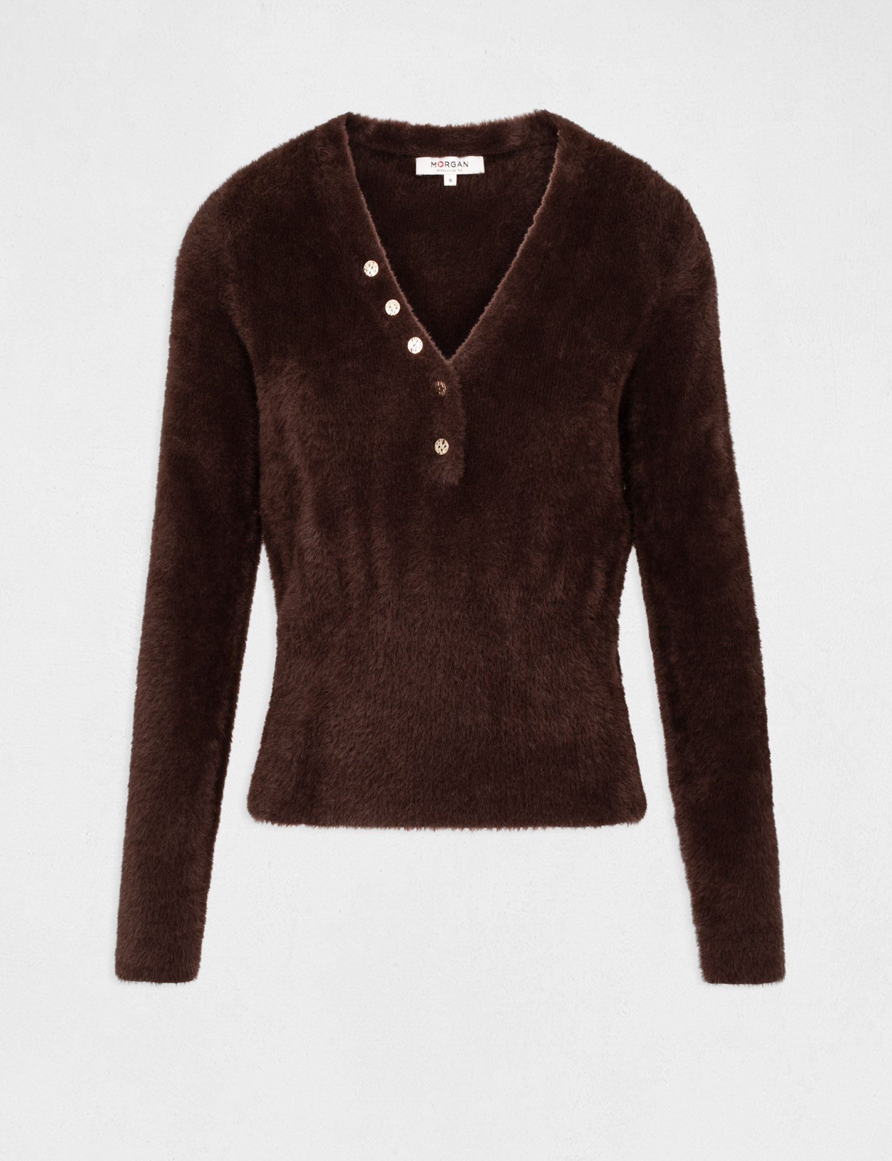 Pull manches longues à col en V marron fonce femme