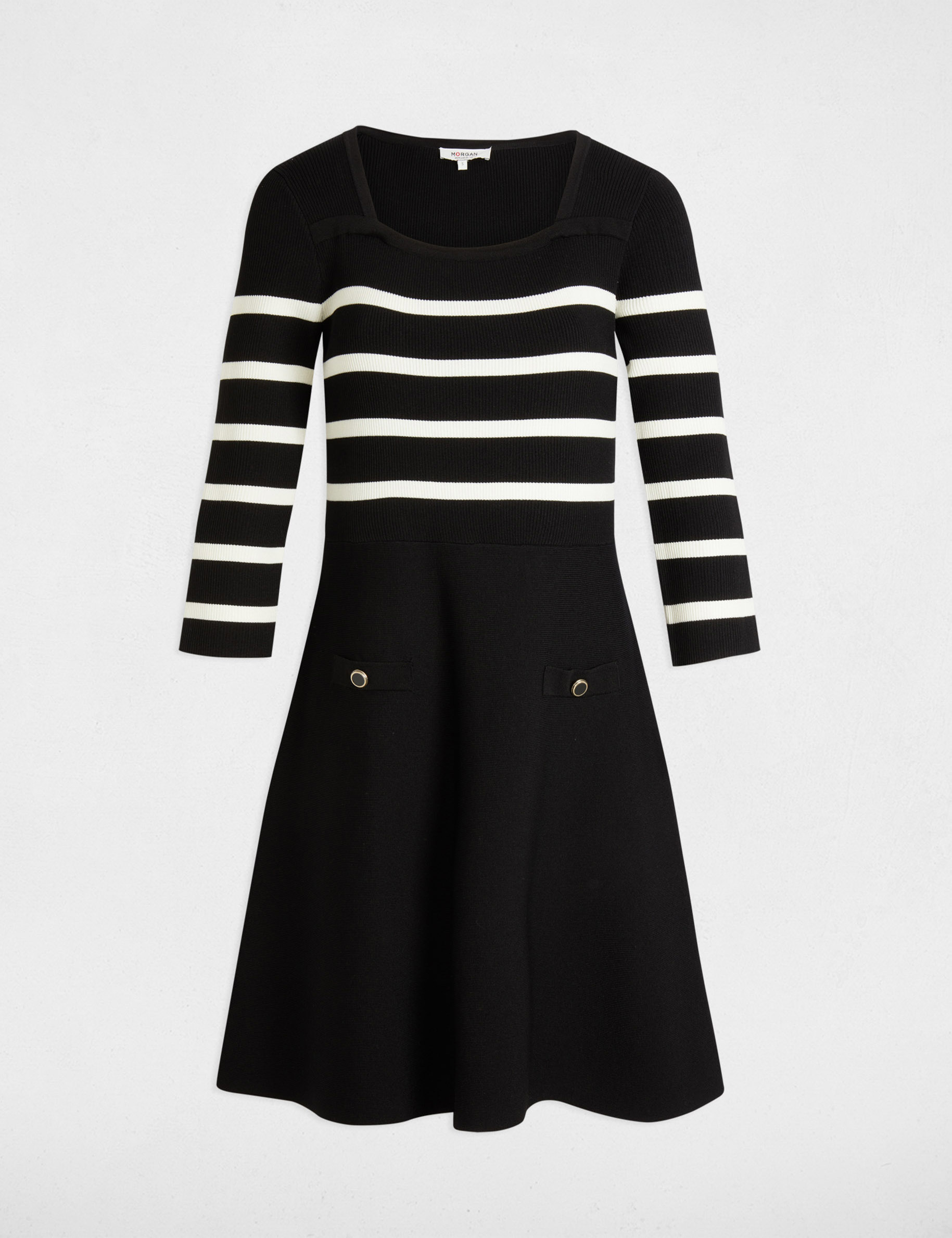 Robe tricot trap&egrave;ze &agrave; rayures noir femme