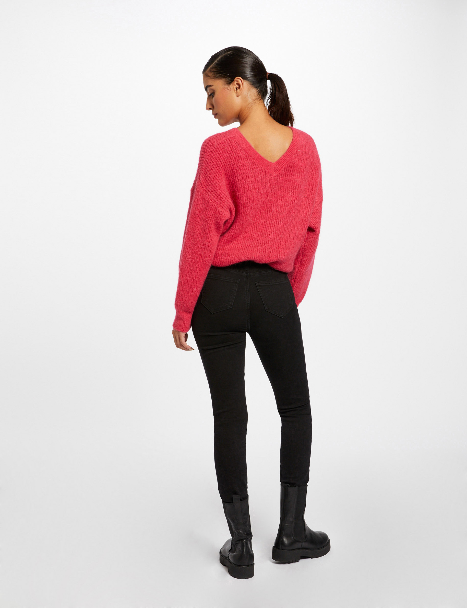 Pull manches longues à col en V framboise femme Pull manches longues à col en V framboise femme
