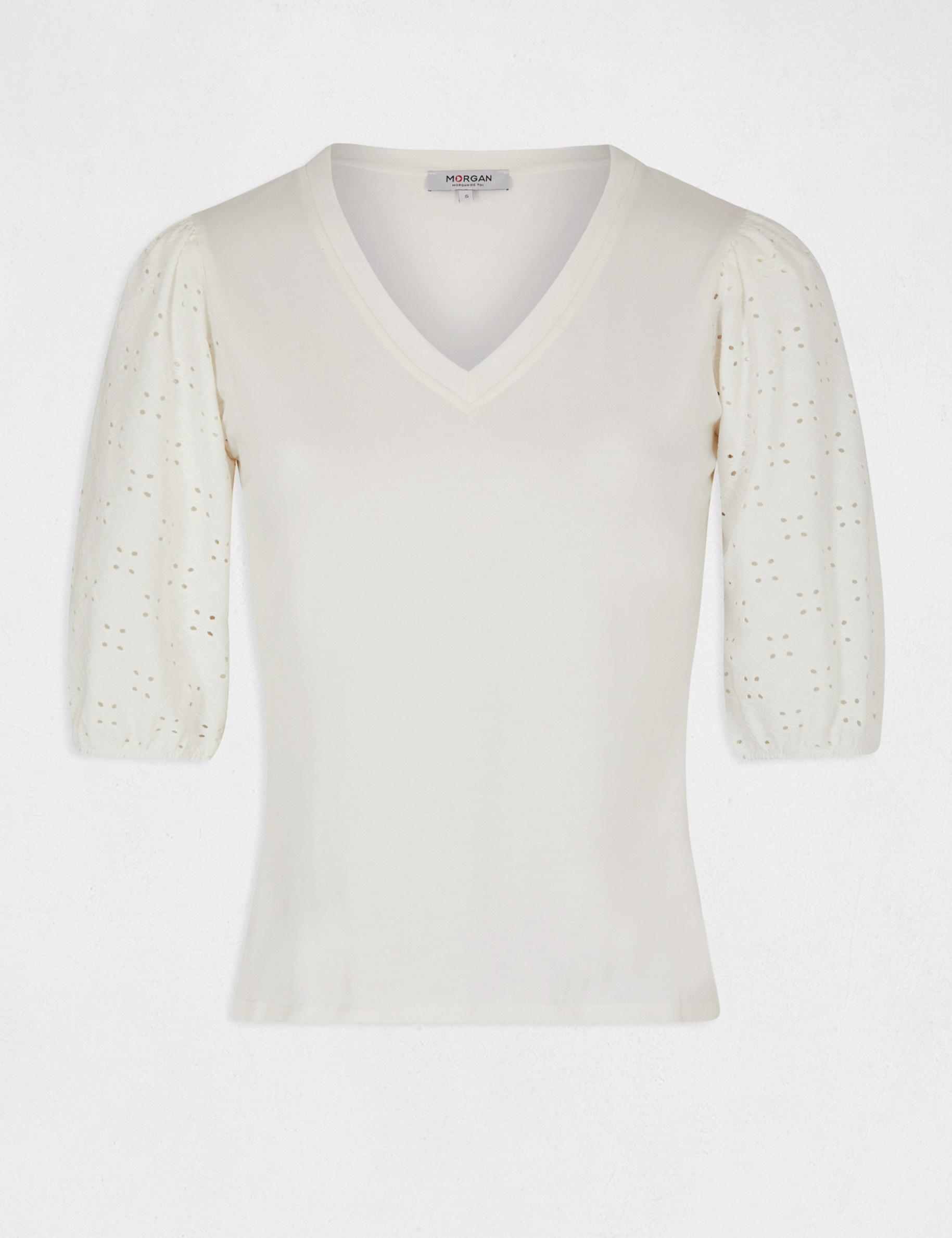T-shirt manches 3/4 broderie anglaise ecru femme