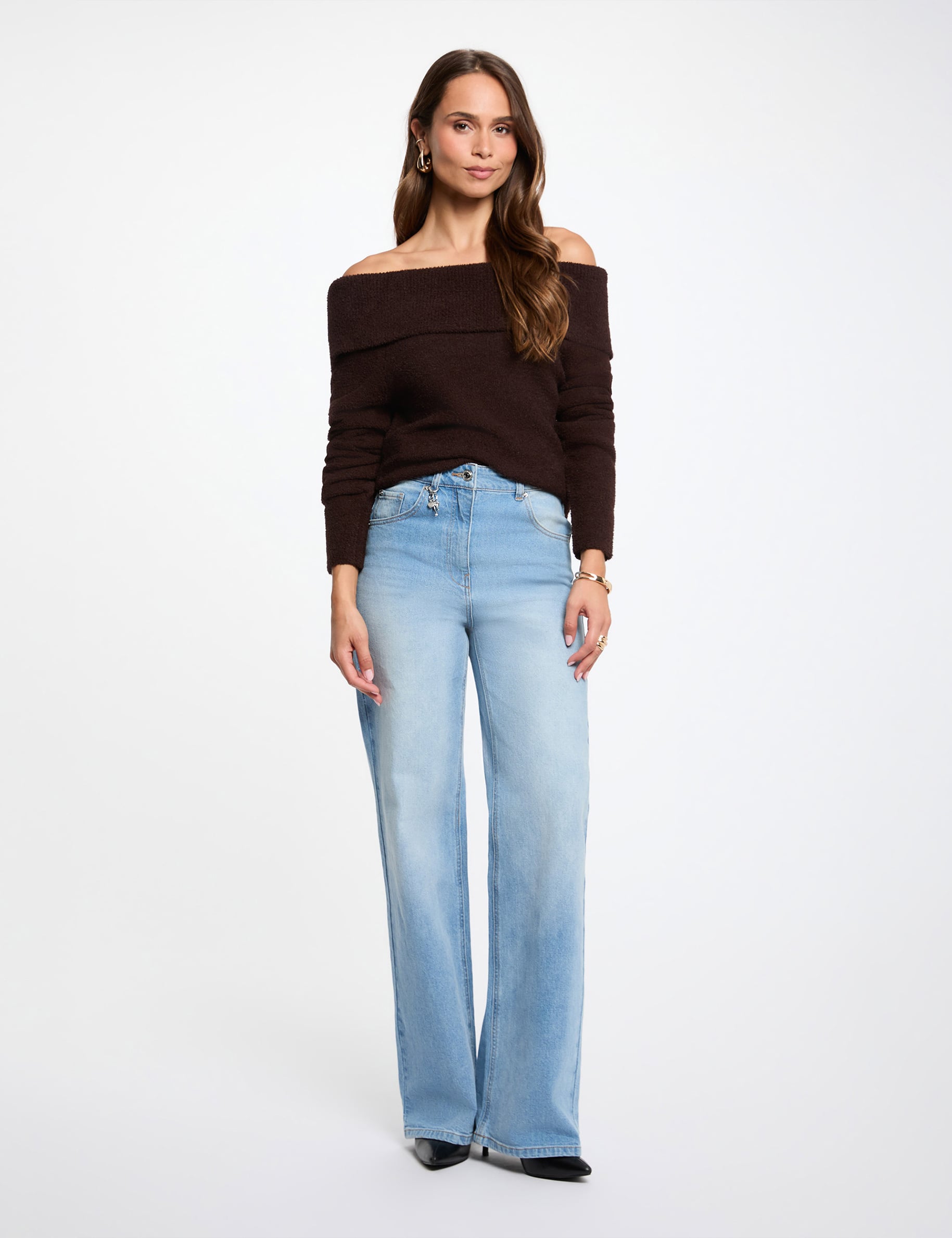 Pull col bardot marron fonc&eacute; femme