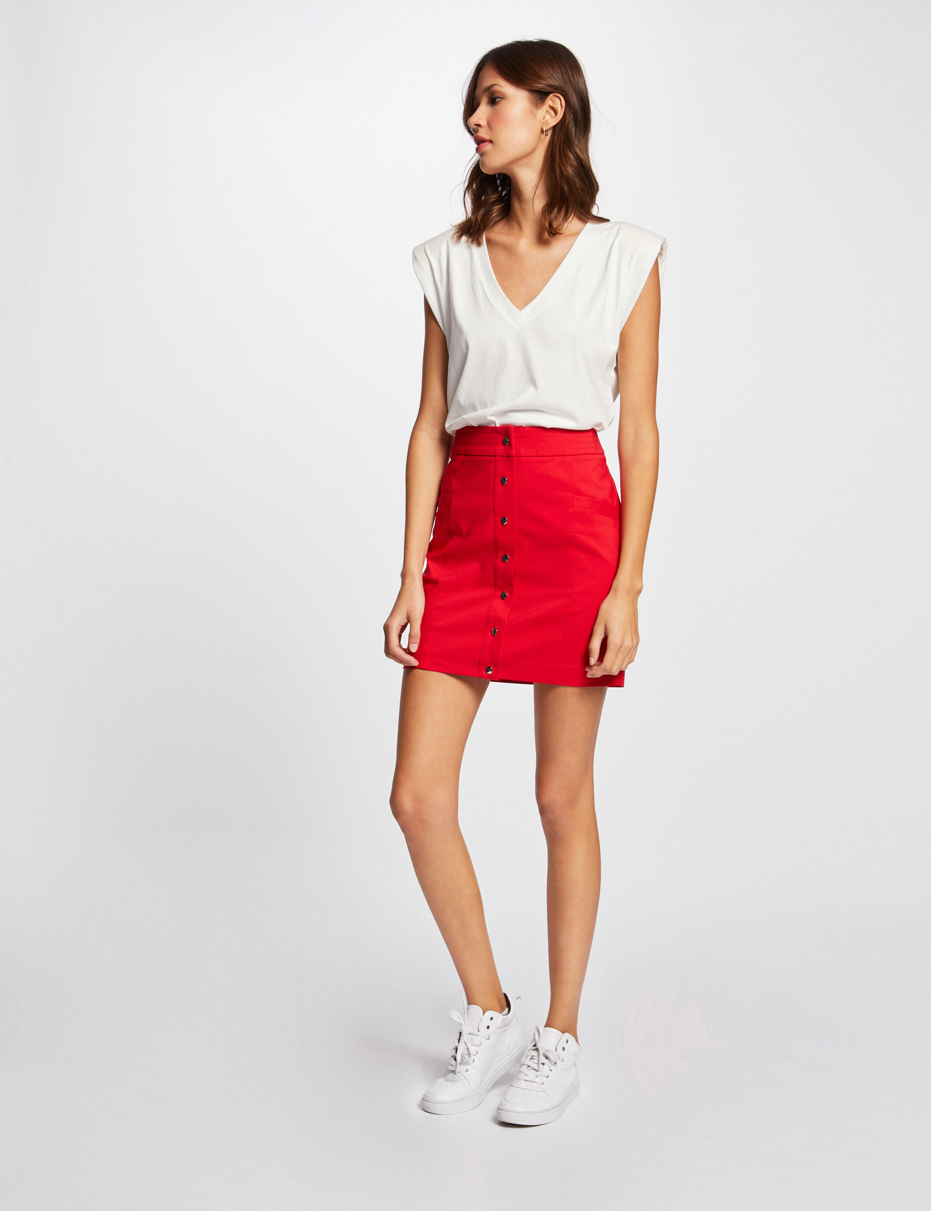 Jupe droite taille haute boutonnée rouge femme