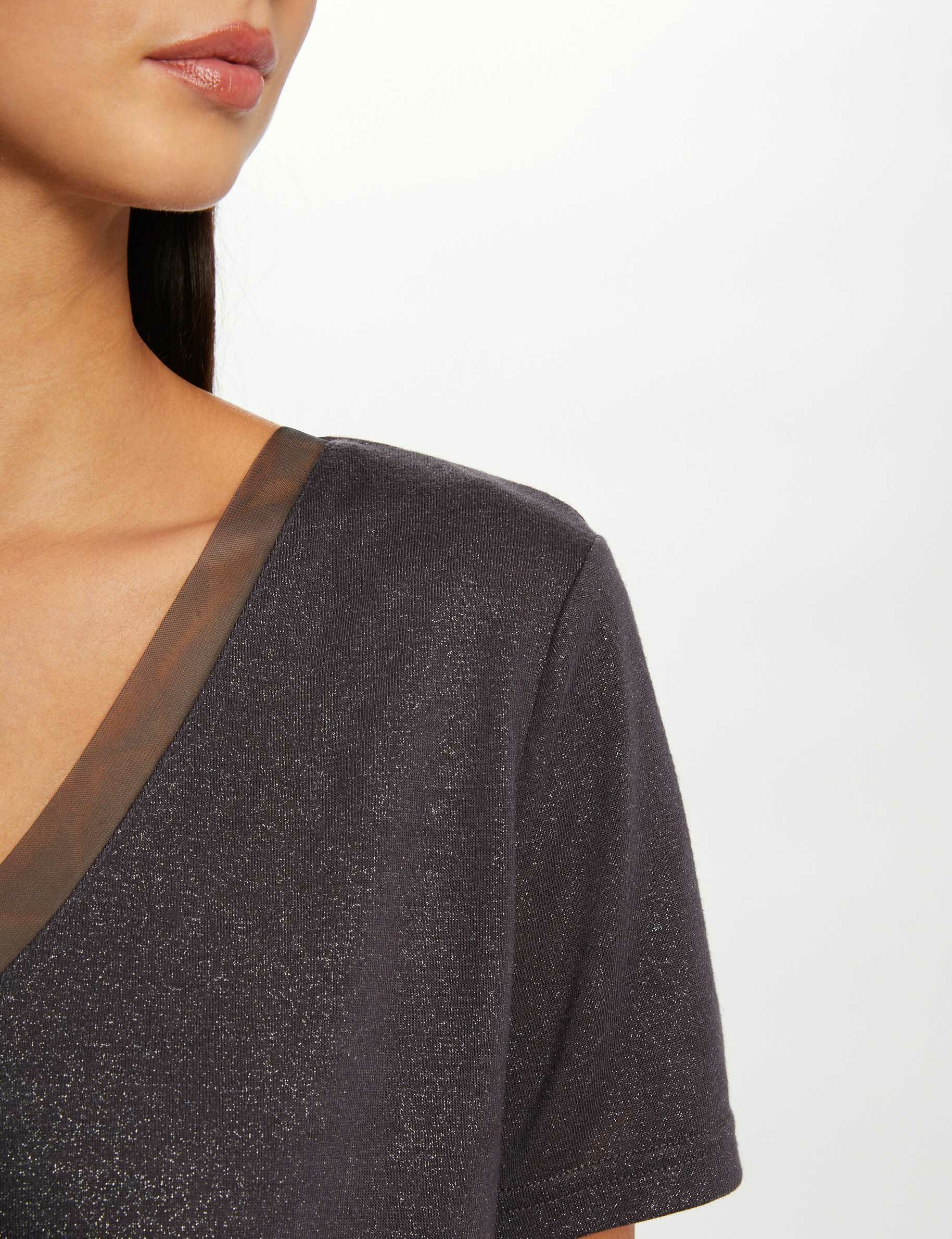 t shirt manches courtes a paillettes gris anthracite femme T-shirt manches courtes à paillettes gris anthracite femme