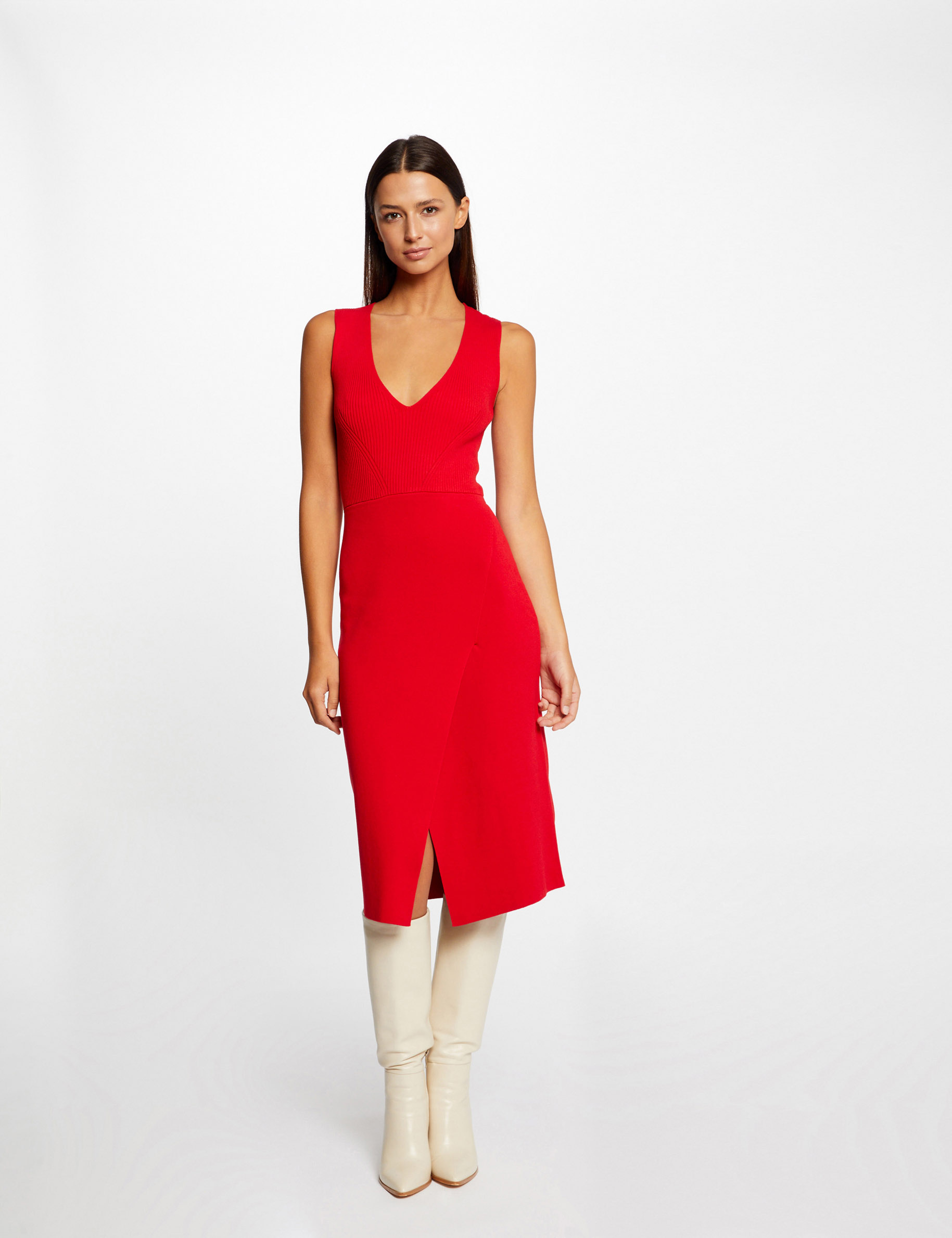 Robe pull midi ajustée col en V rouge femme