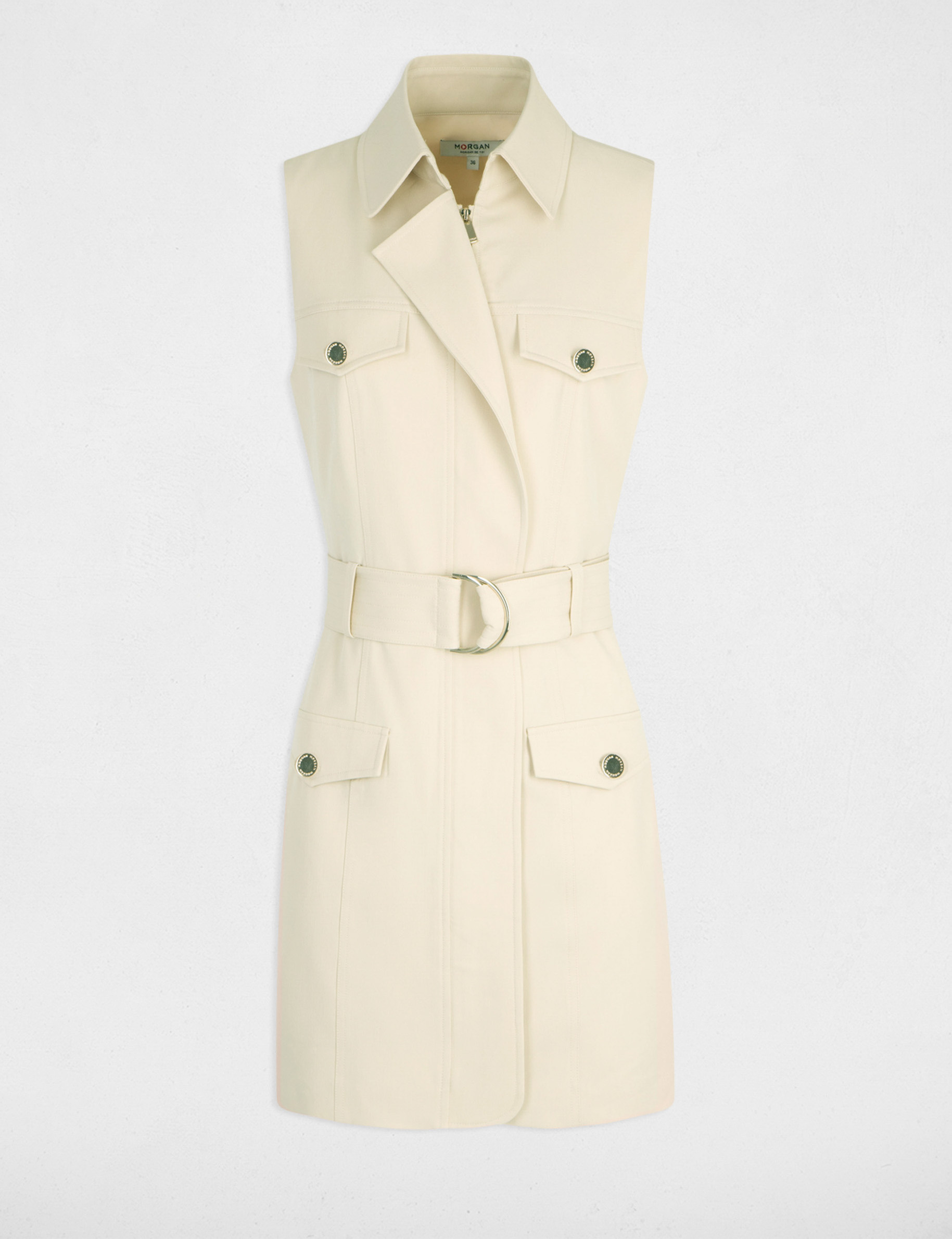 Robe cintr&eacute;e zipp&eacute;e ceintur&eacute;e beige clair femme