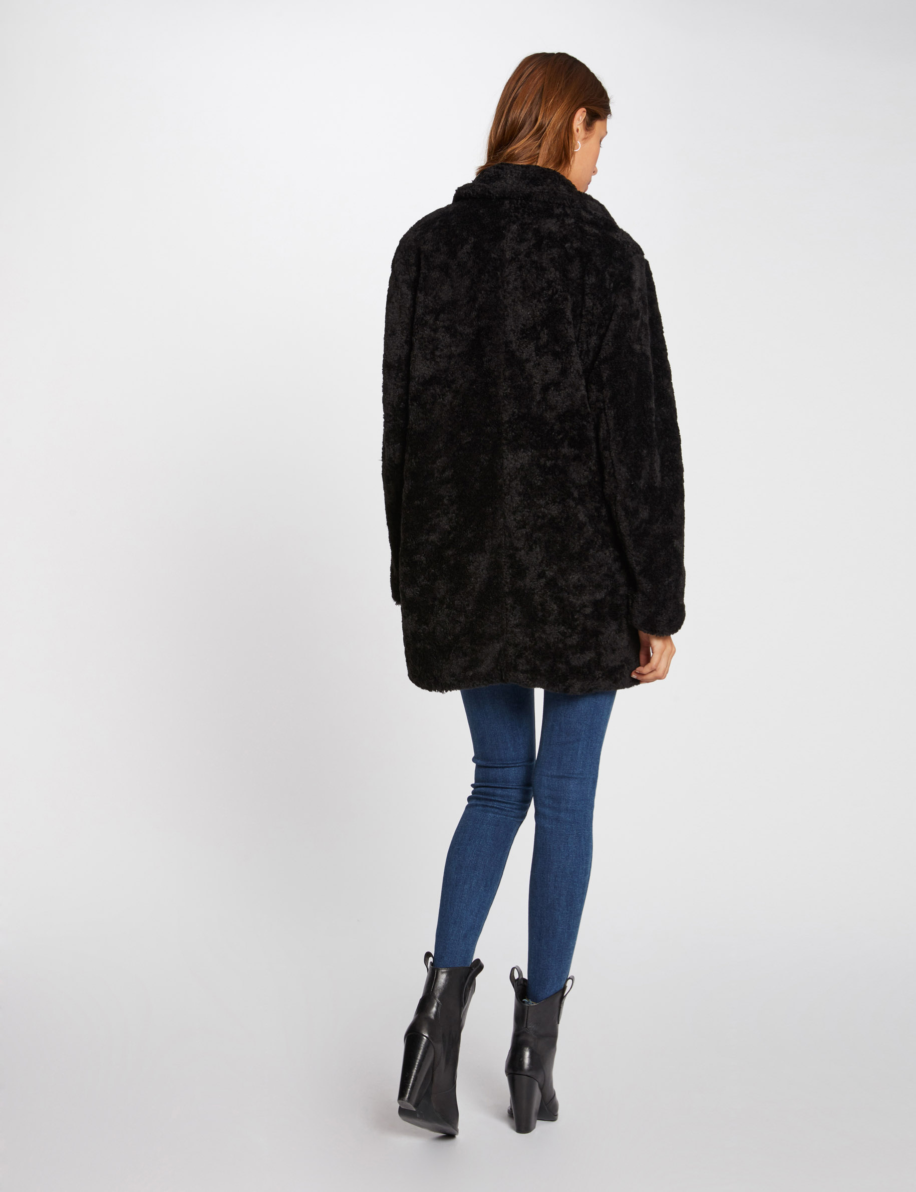 Manteau droit imitation fourrure noir femme Manteau droit imitation fourrure noir femme