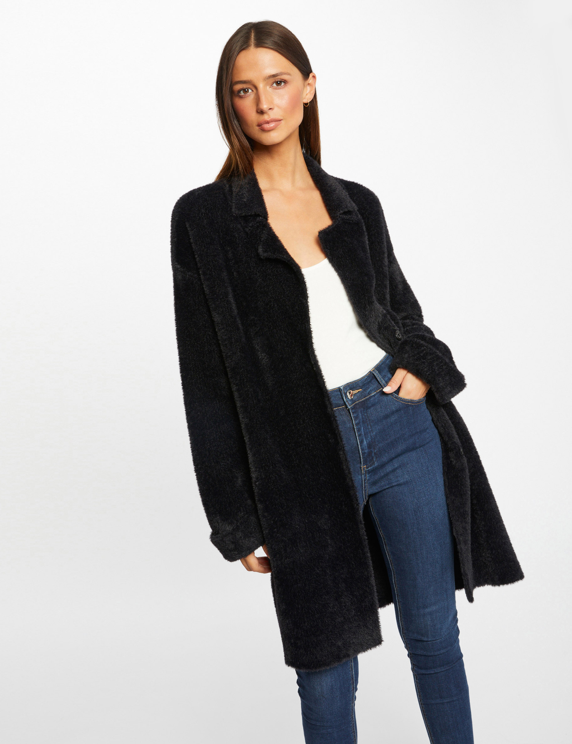 gilet long droit maille duveteuse noir femme Gilet long droit maille duveteuse noir femme