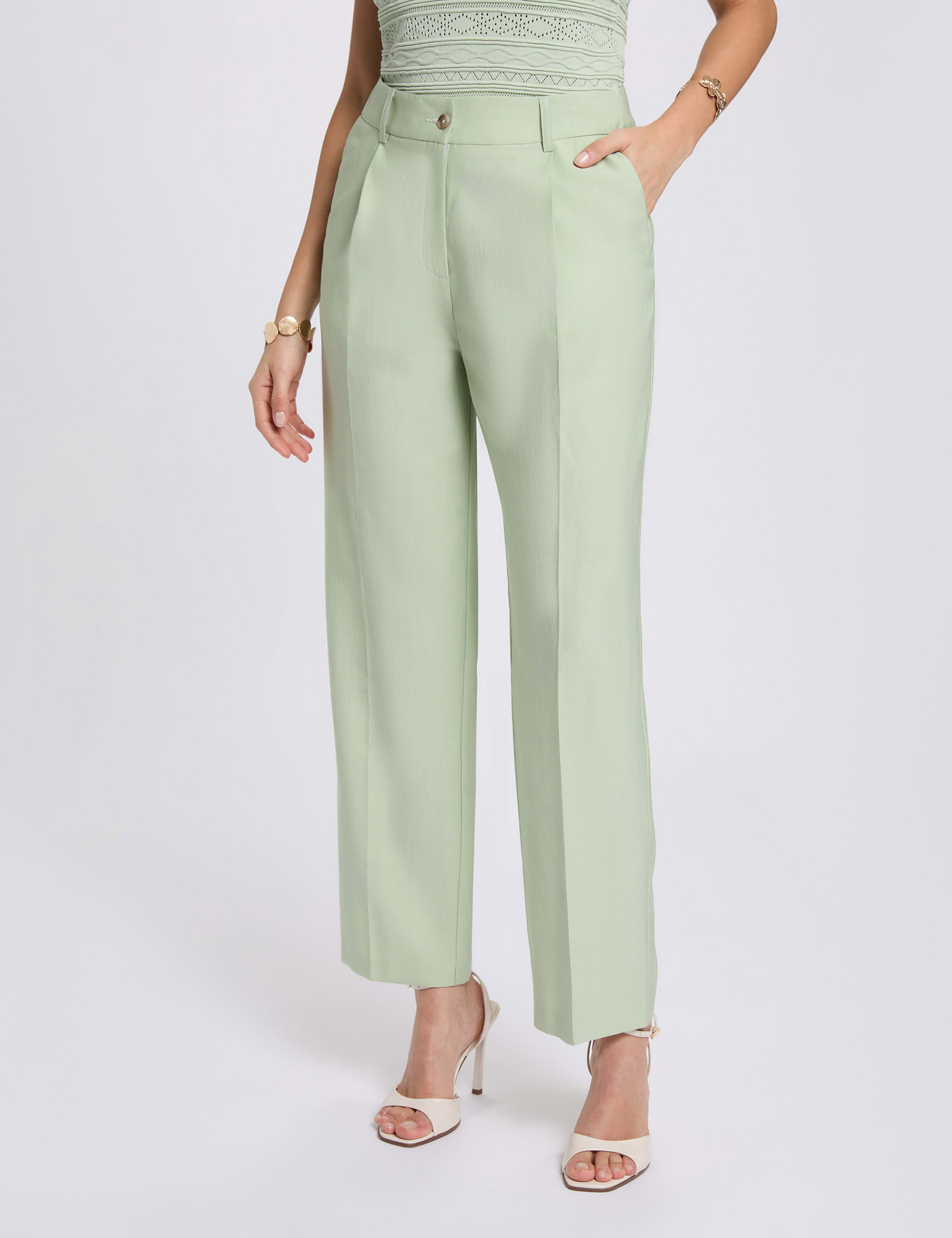 Pantalon carotte taille haute vert pastel femme