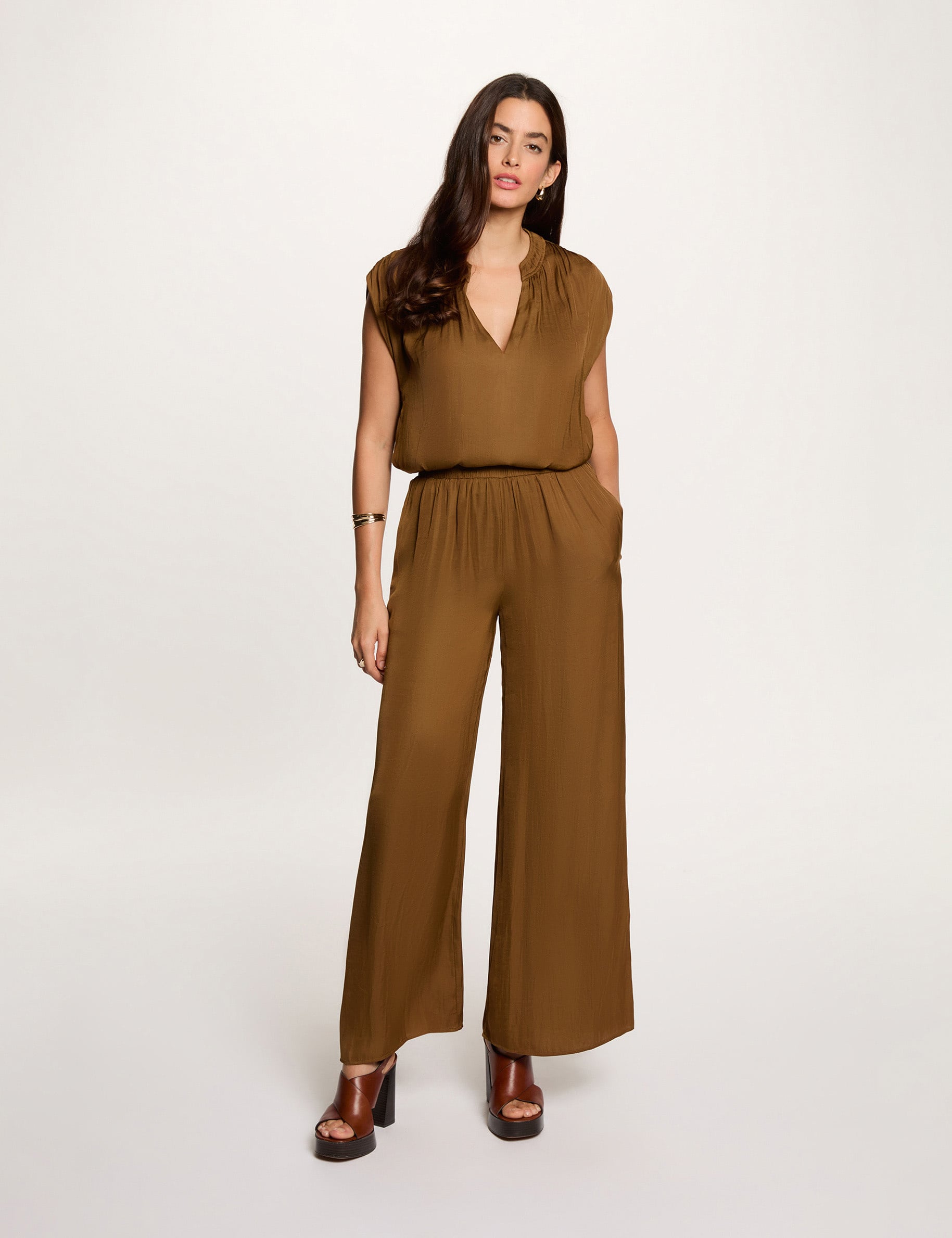 Pantalon large fluide camel femme