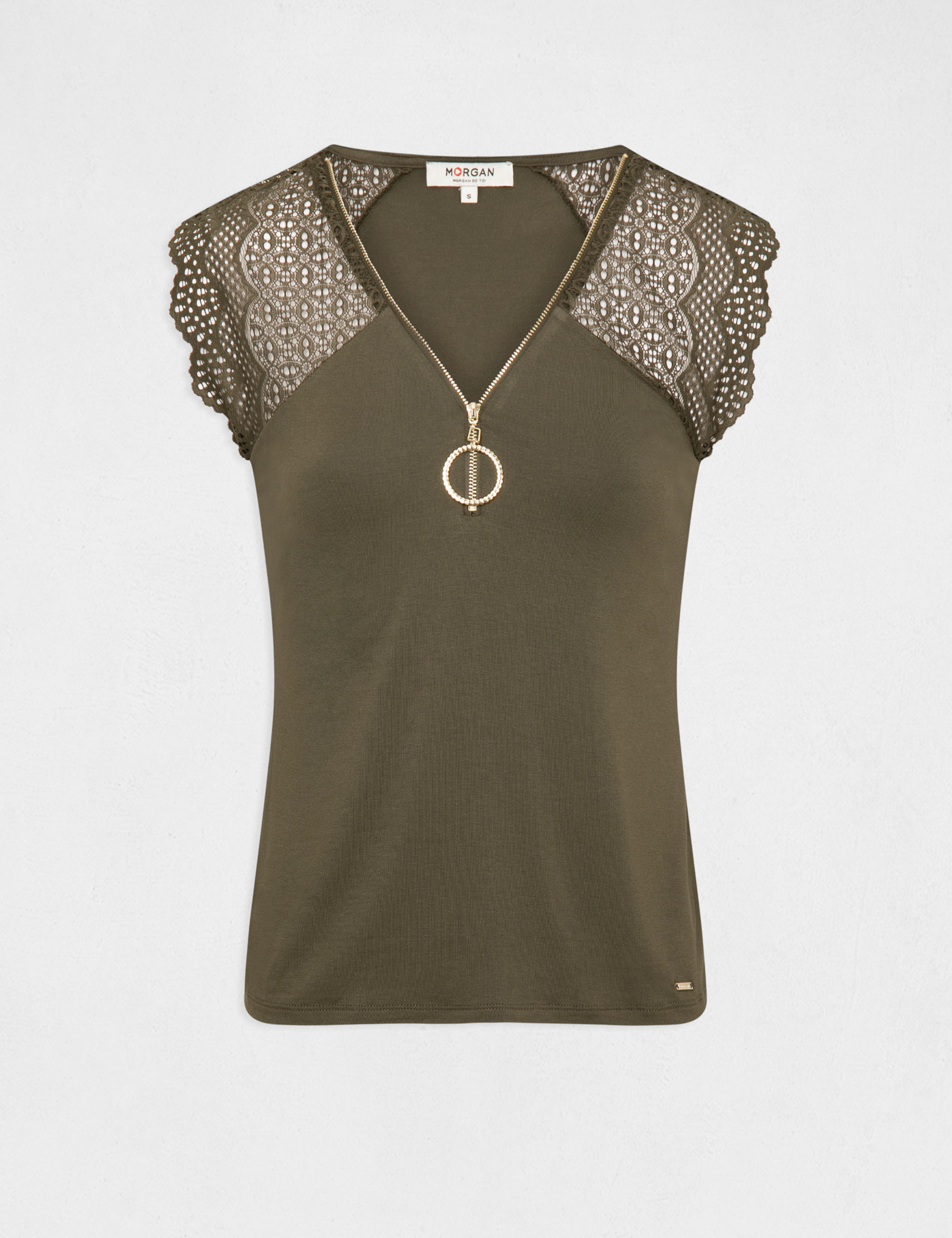 T-shirt manches courtes à dentelle vert kaki femme T-shirt manches courtes à dentelle vert kaki femme