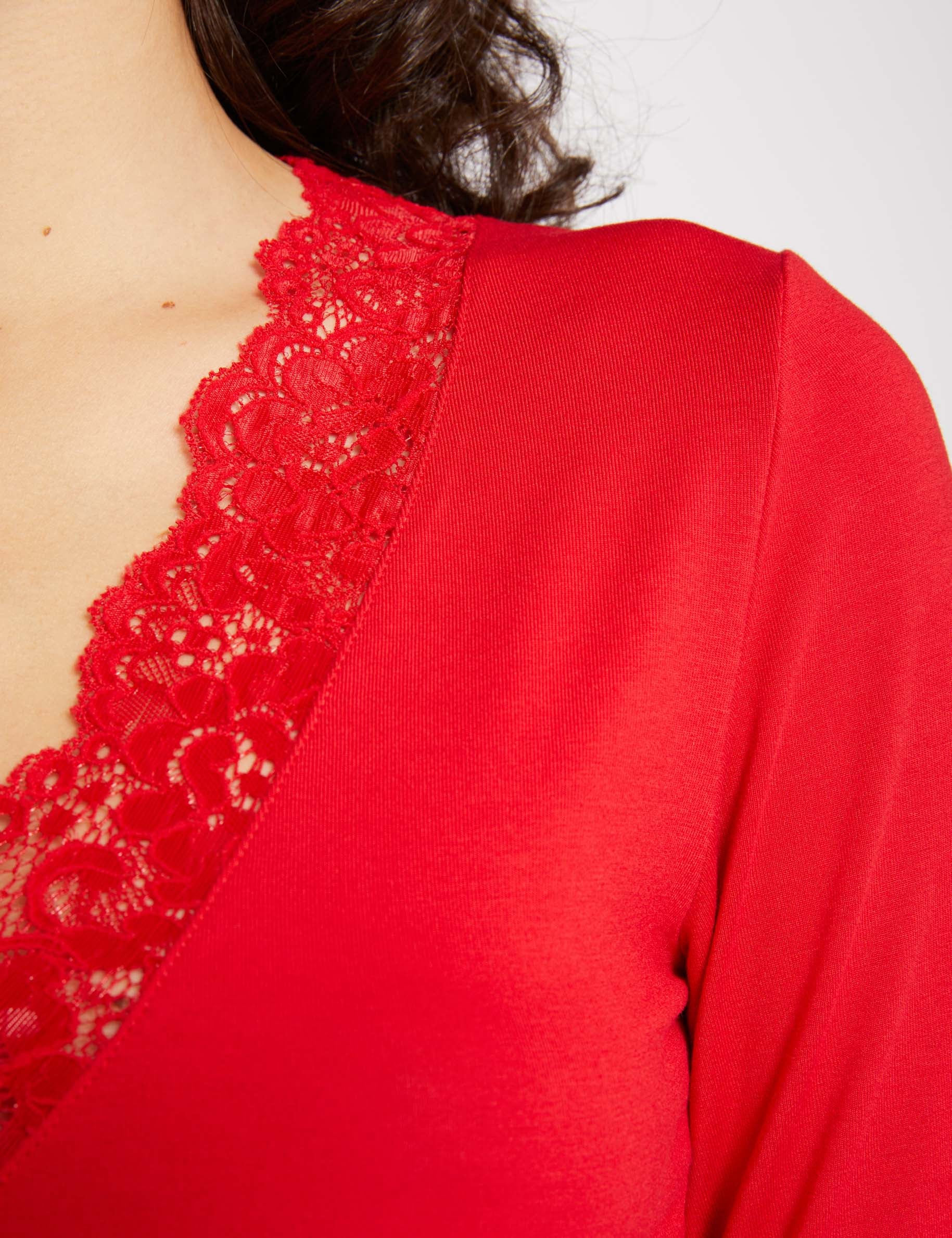 T-shirt manches longues avec dentelle rouge femme