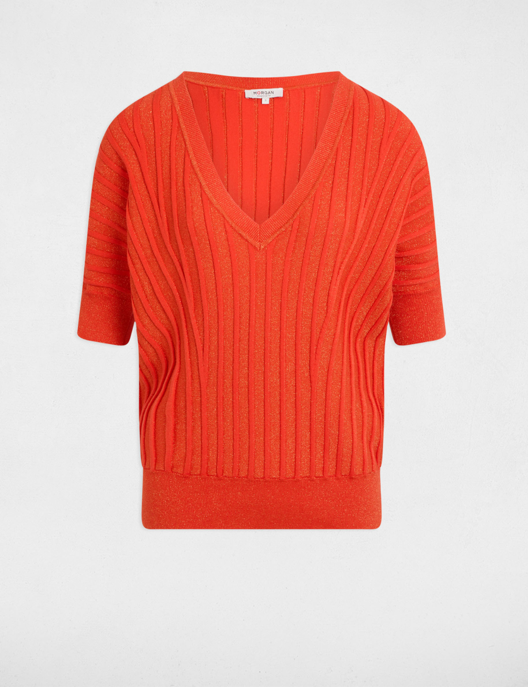 Pull manches 3/4 col en V orange fonc&eacute; femme