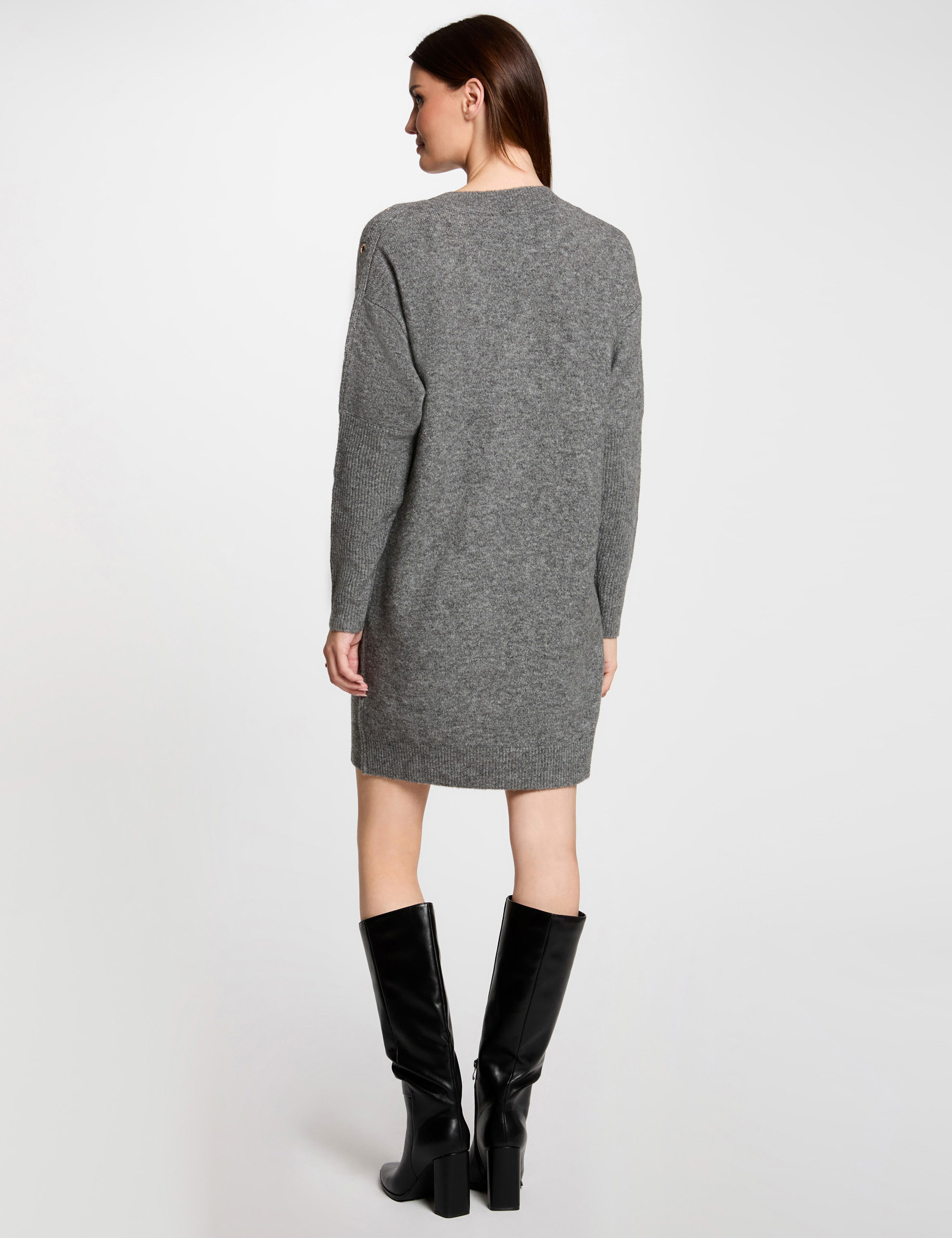 Robe tricot droite &agrave; oeillets gris anthracite femme