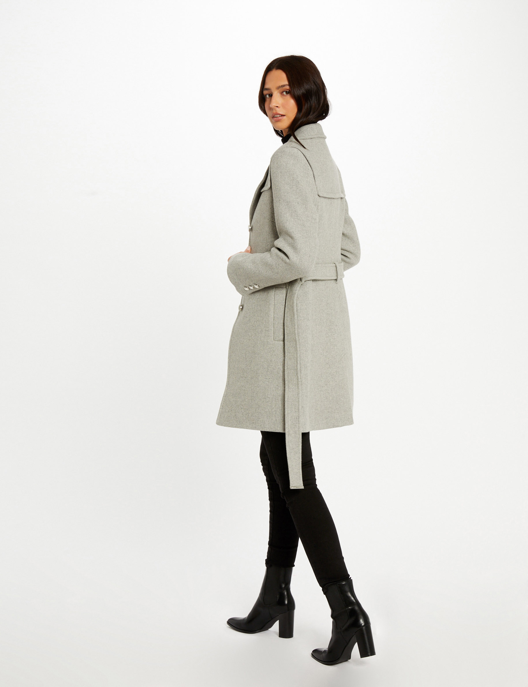 Manteau cintré ceinturé gris clair femme