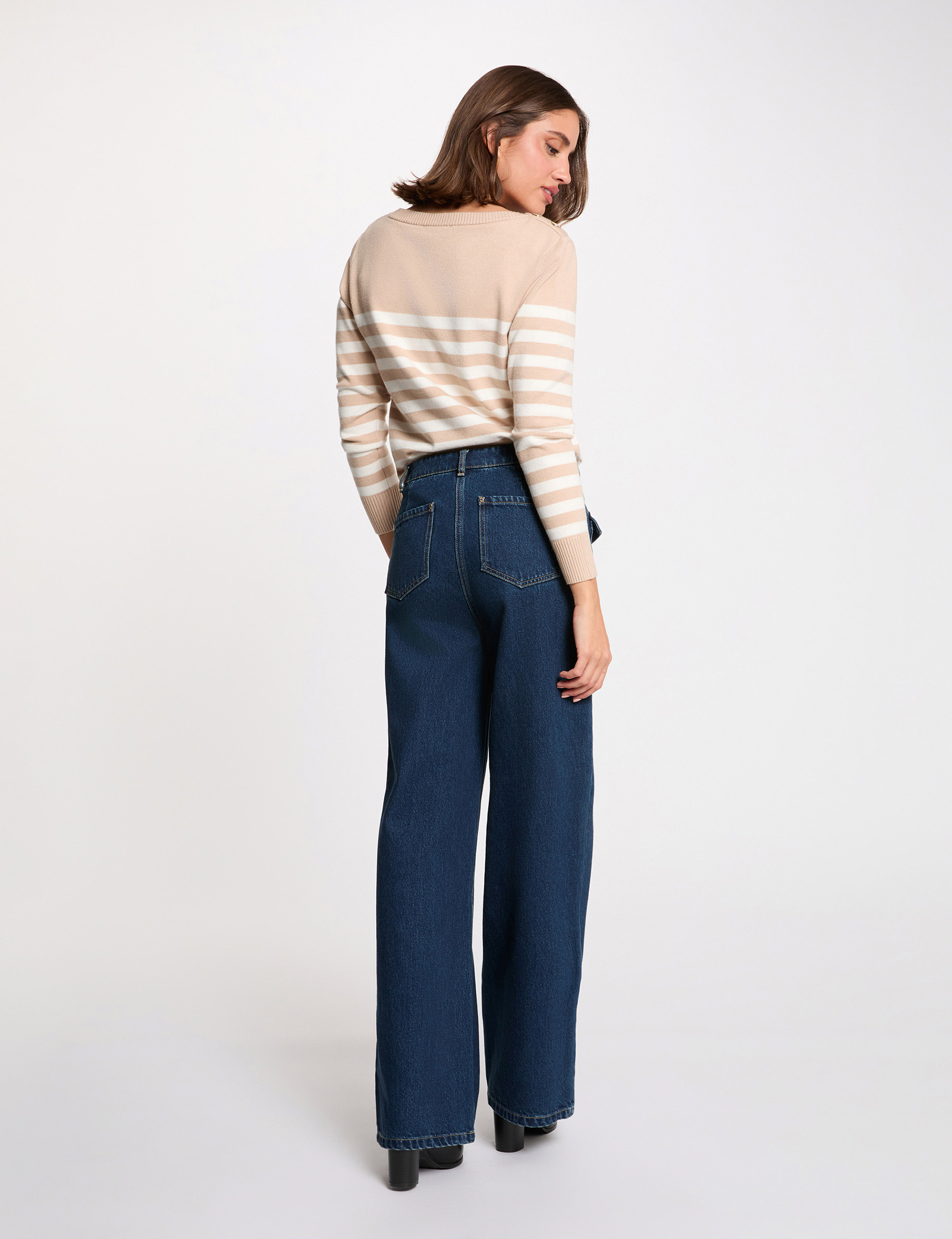 Pull ray&eacute; brod&eacute; marron clair femme