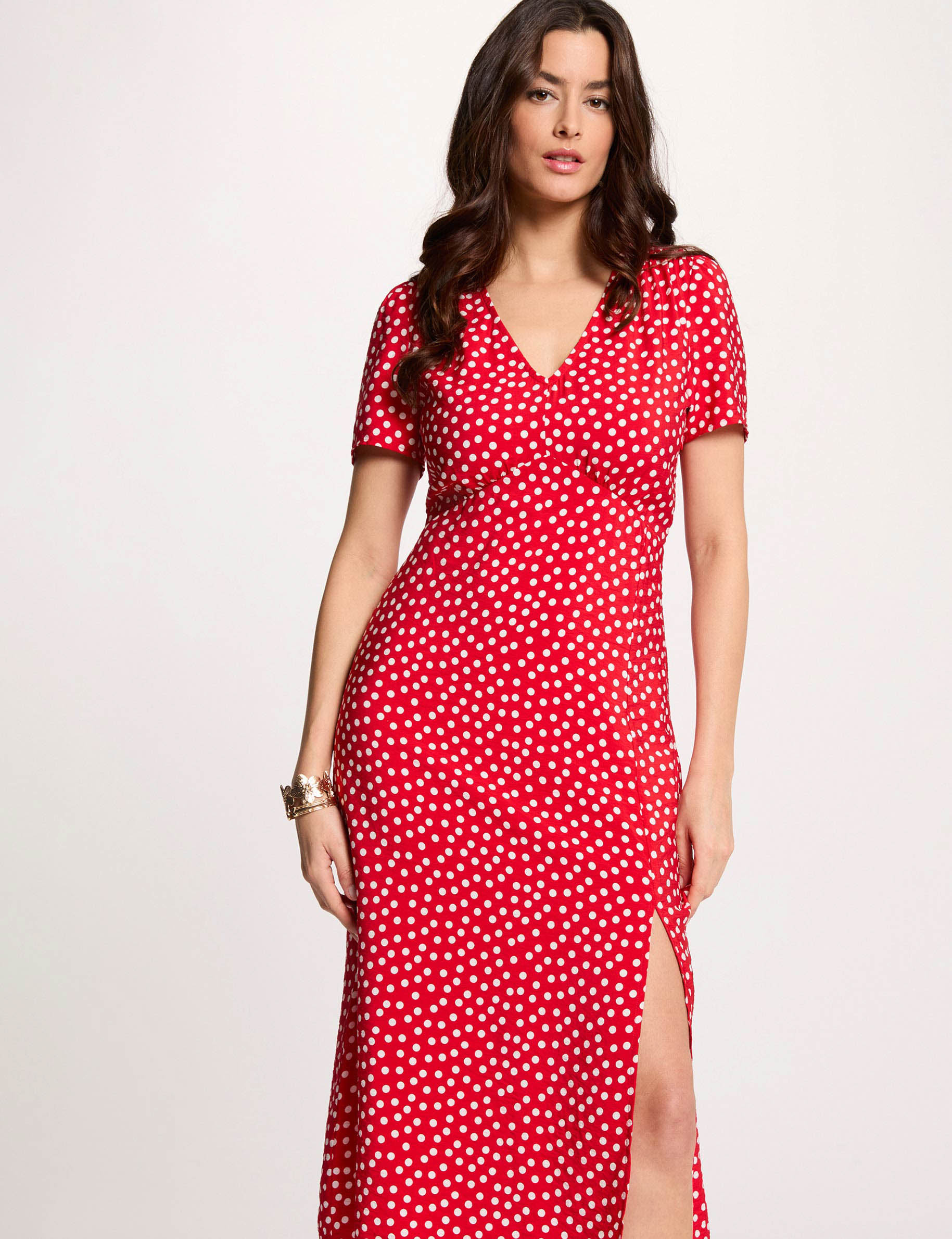 Robe mi-longue col v rouge femme