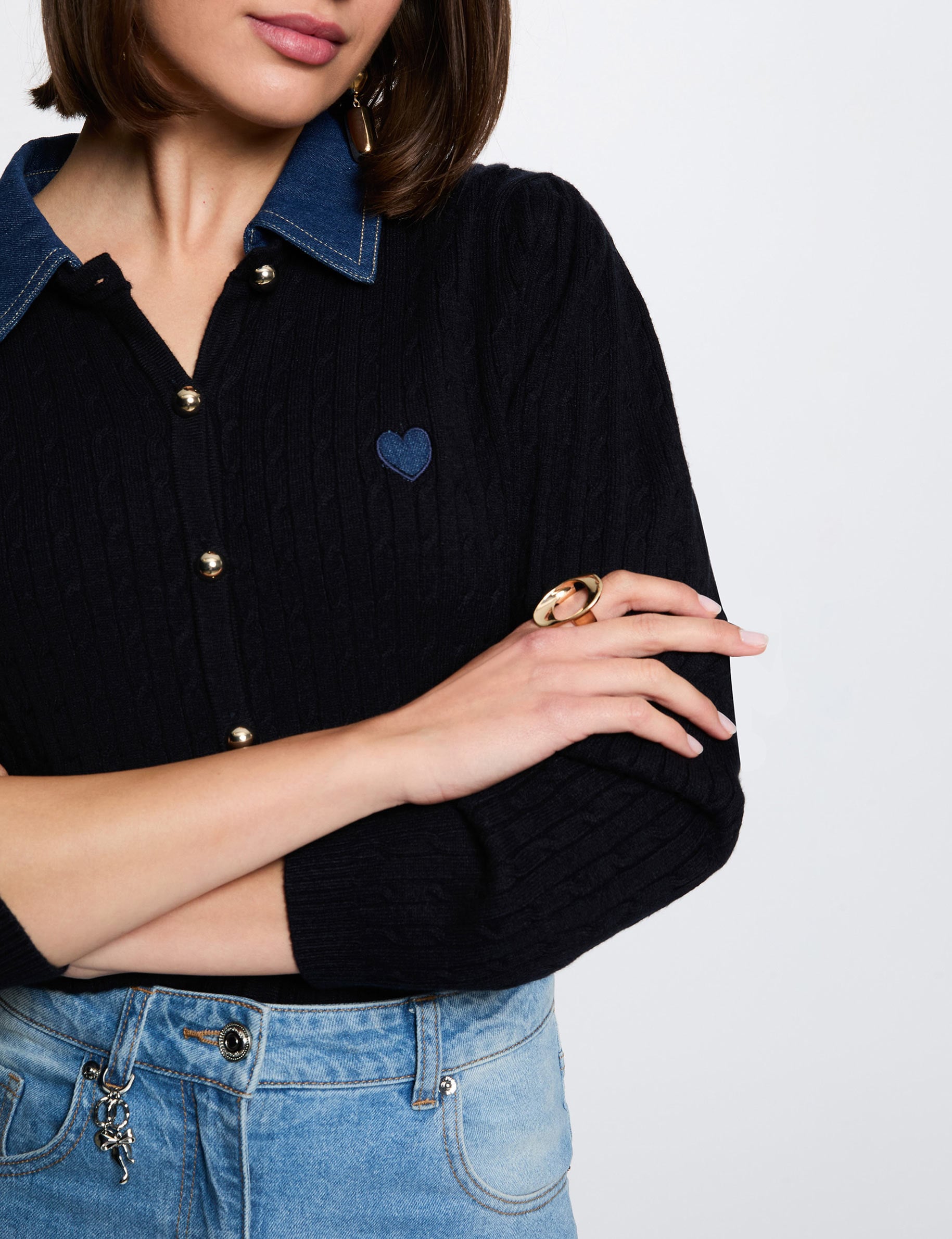 Pull col revers boutons bleu marine femme