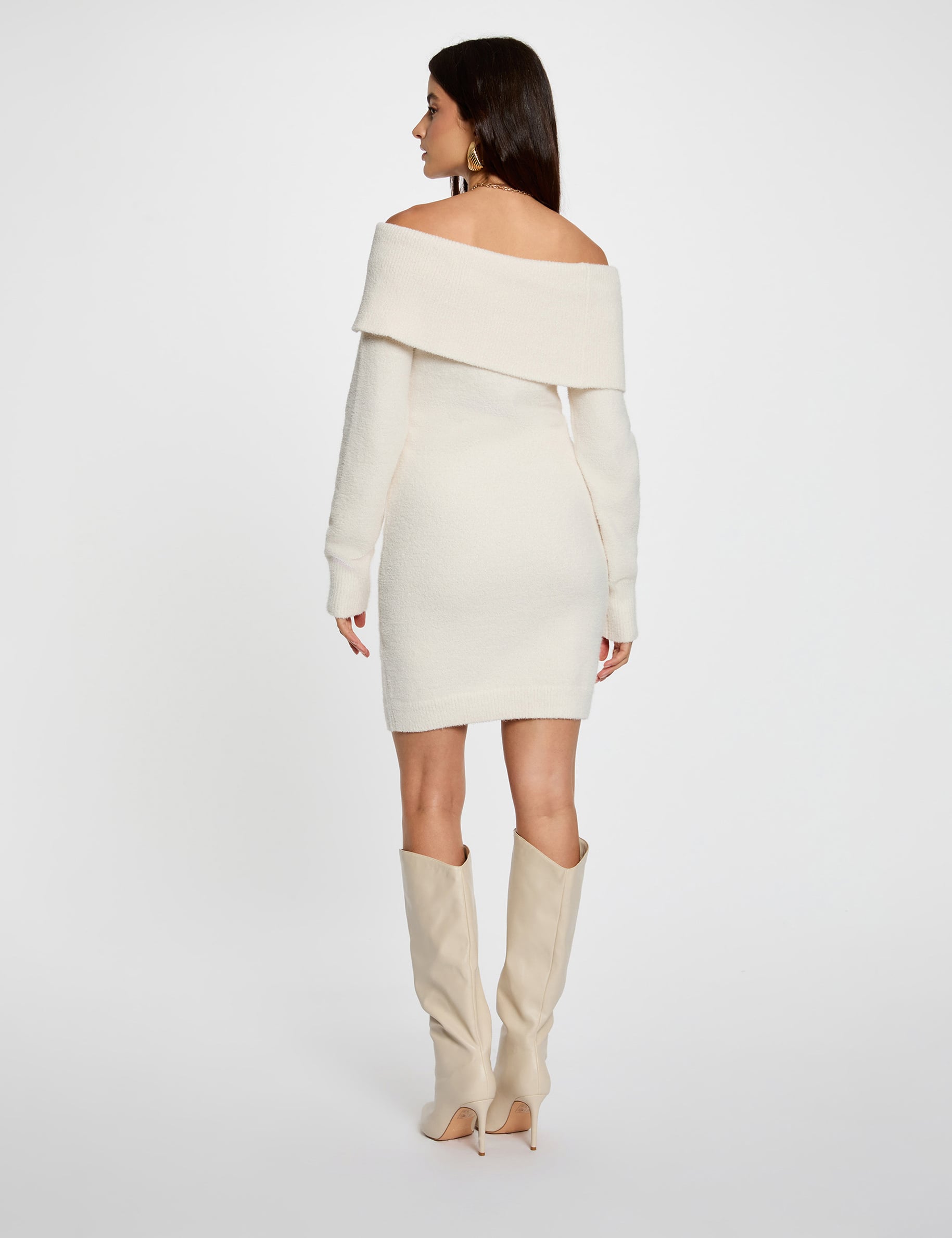 Robe tricot col bardot ivoire femme