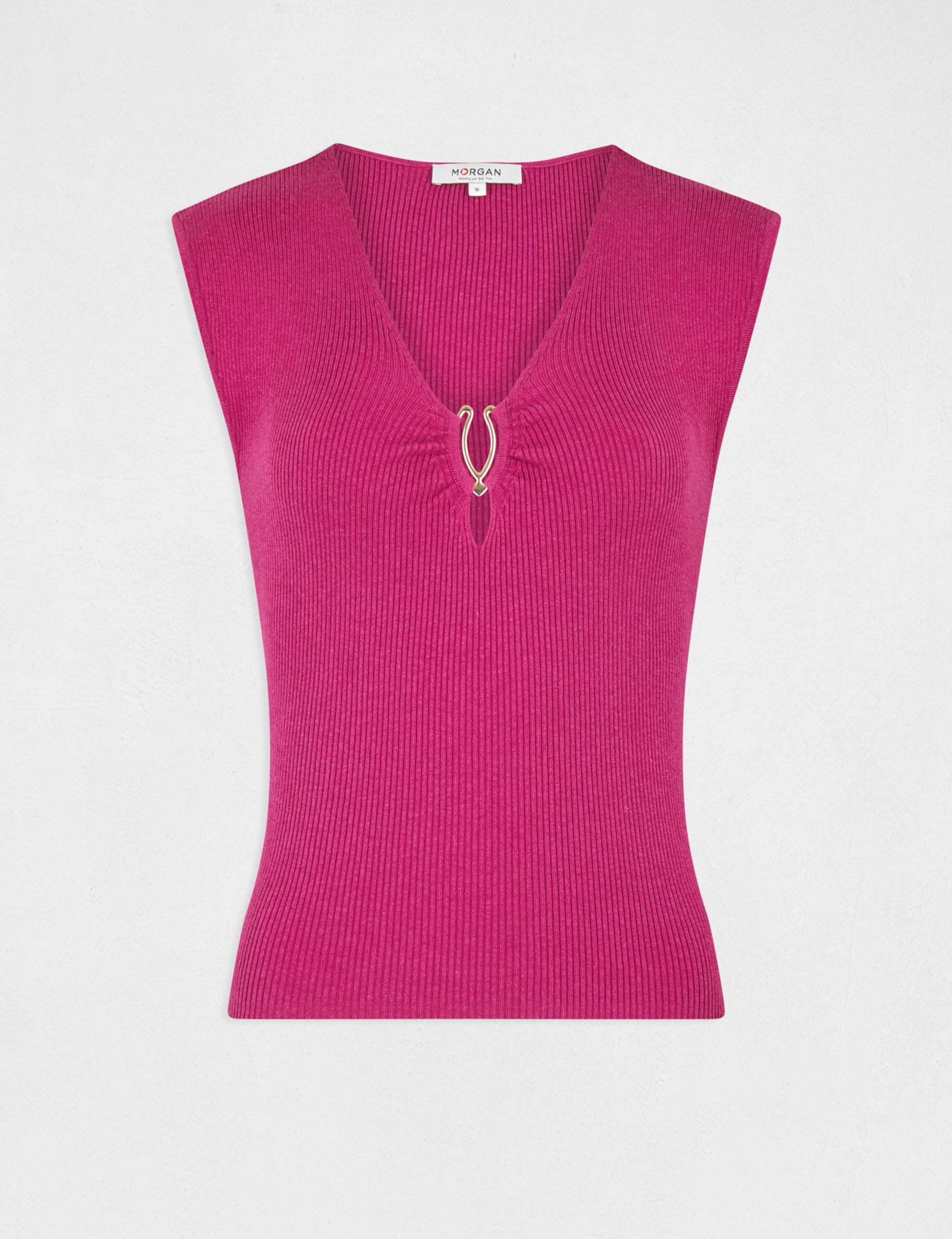 Pull manches courtes col détail bijou framboise femme Pull manches courtes col détail bijou framboise femme