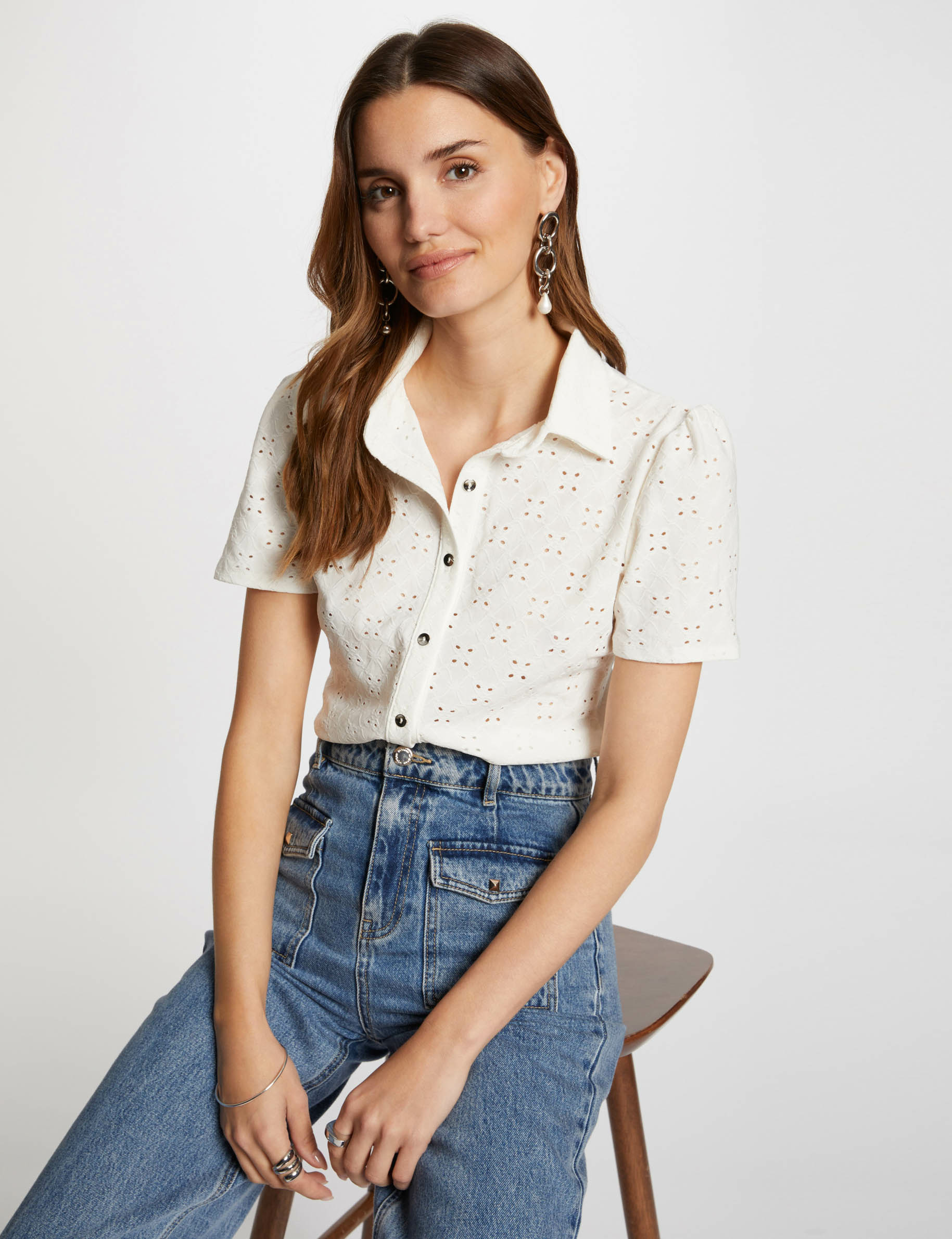 t shirt manches courtes brode ivoire femme T-shirt manches courtes brodé ivoire femme