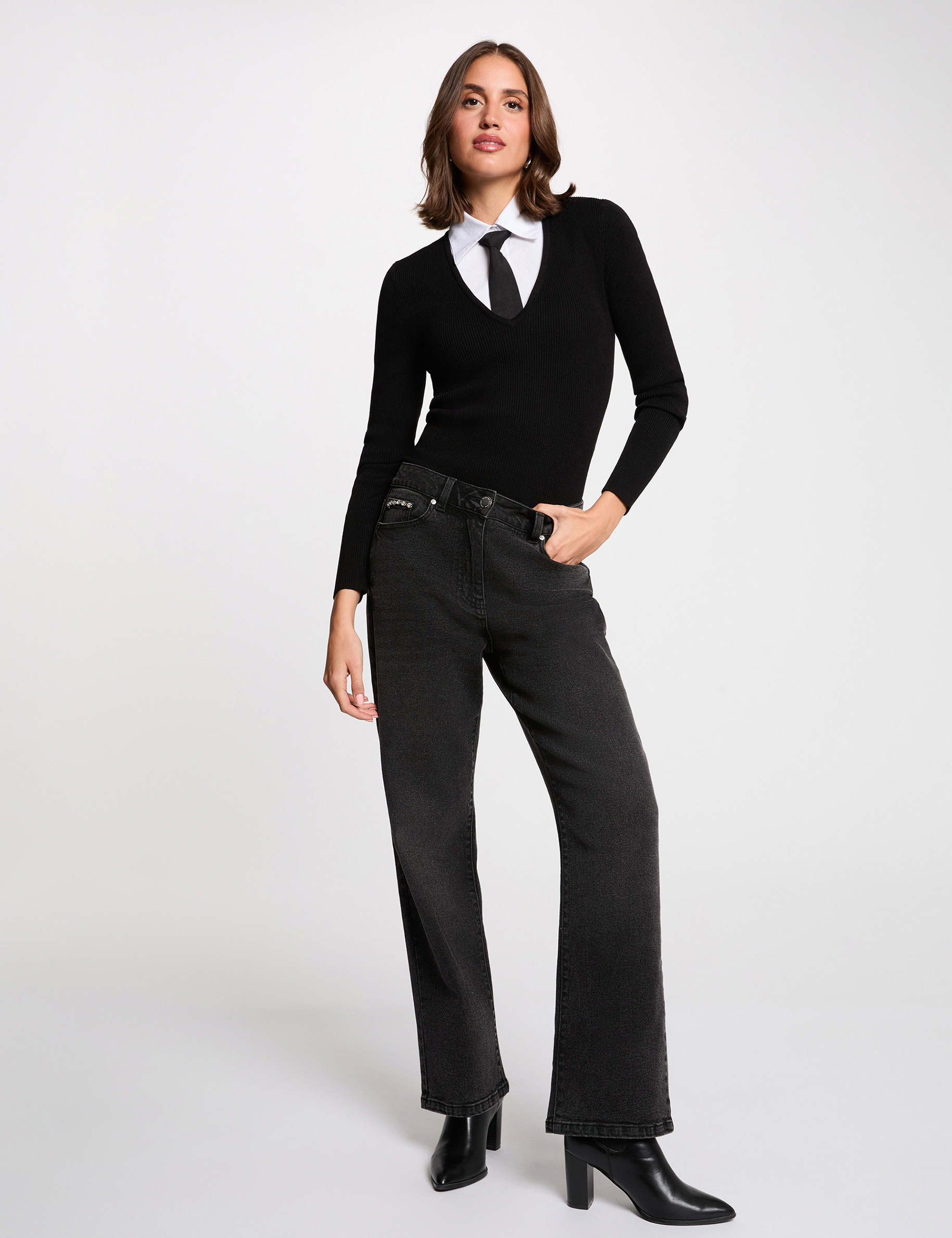 Pull 2-en-1 col &agrave; revers noir femme