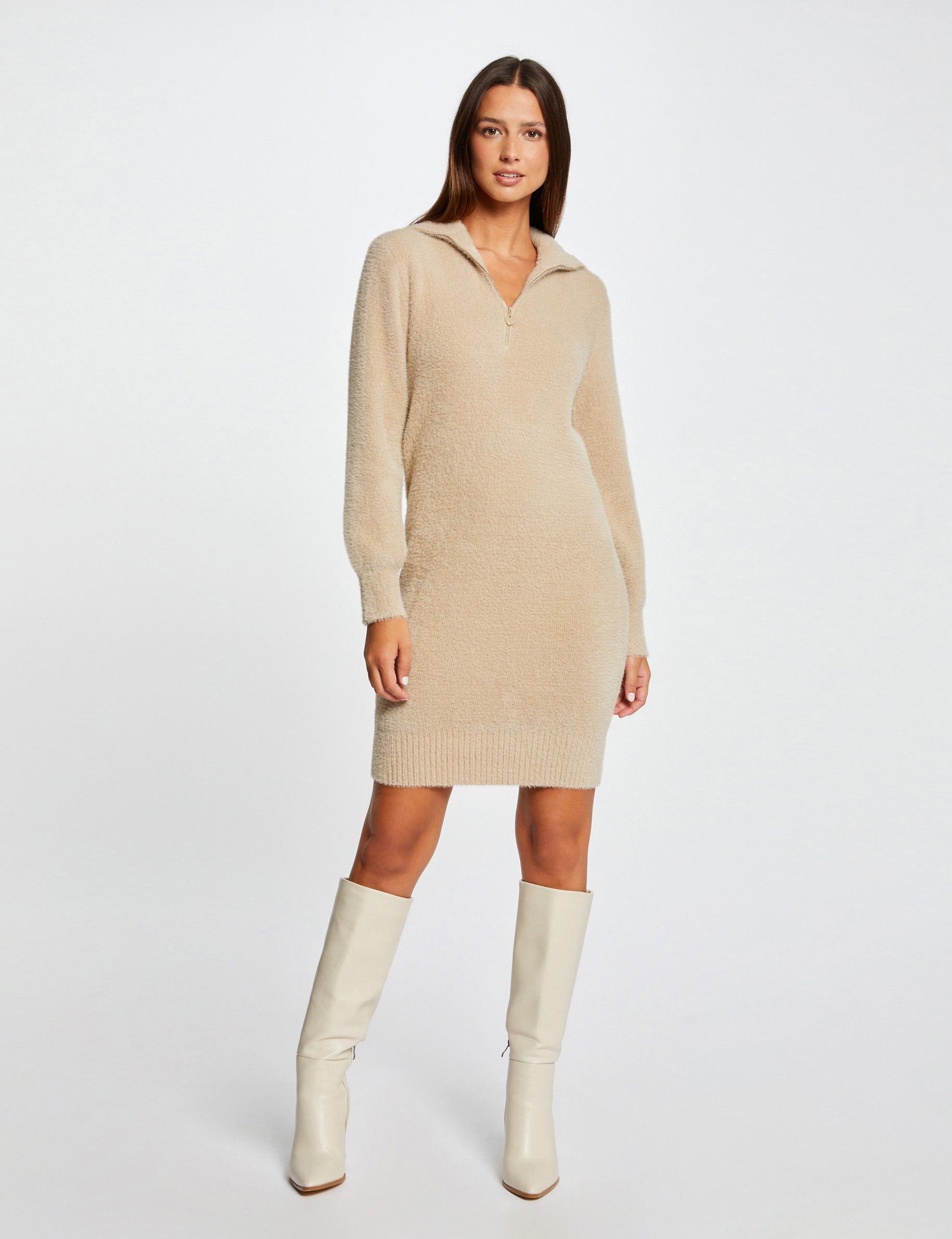 Robe pull droite avec col camionneur beige femme