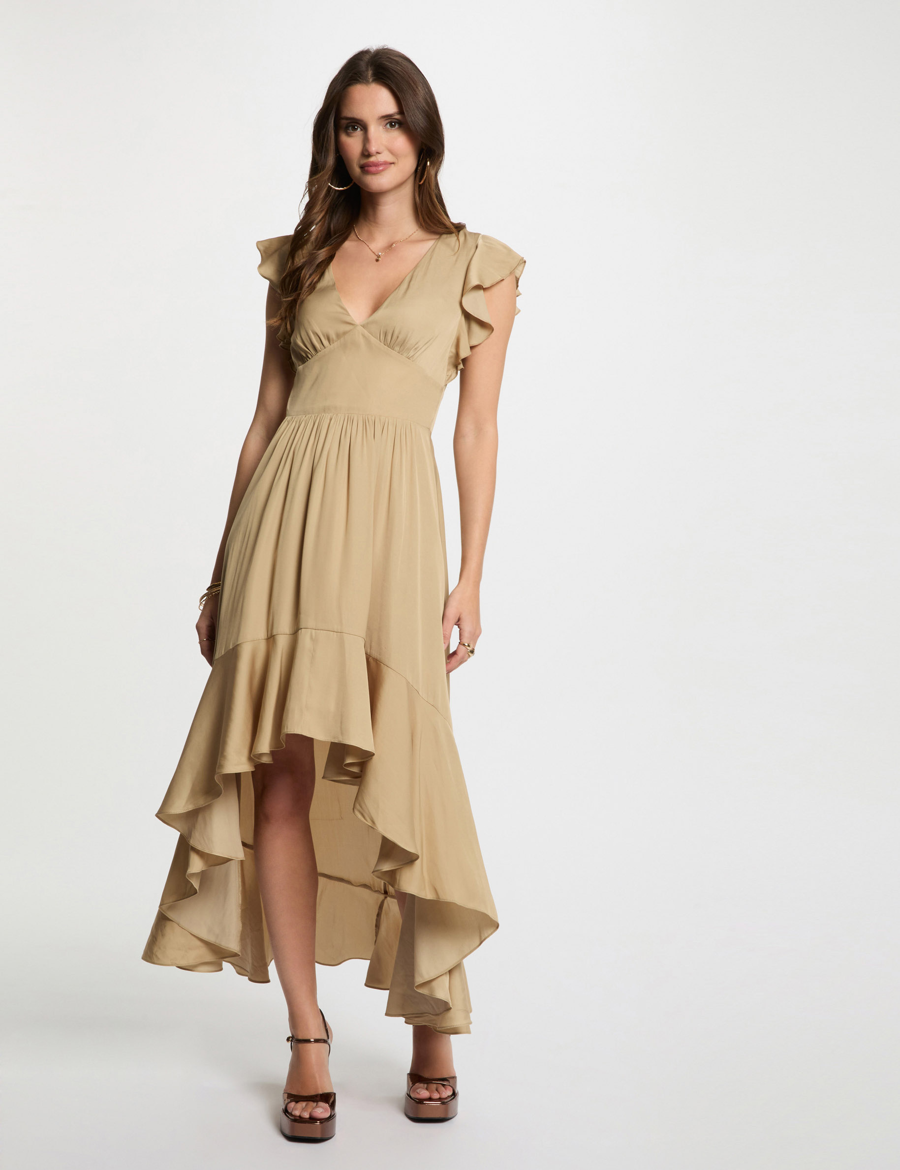 robe longue droite satin beige femme Robe longue droite satin beige femme