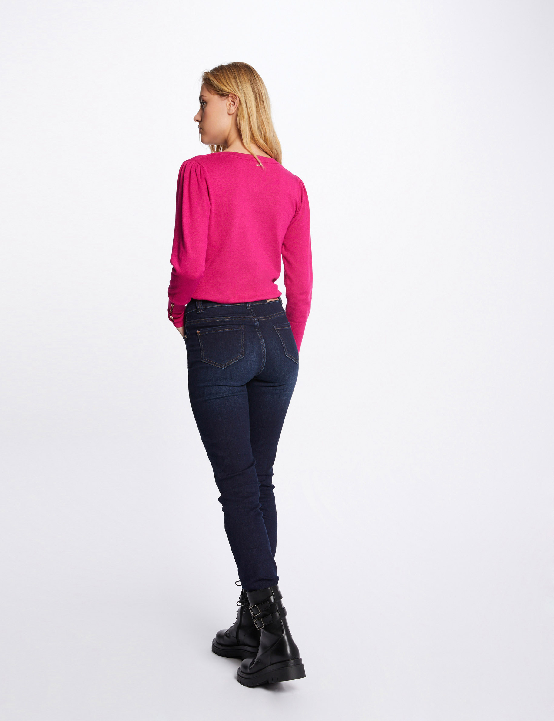 Pull manches longues avec col en V rose fonce femme