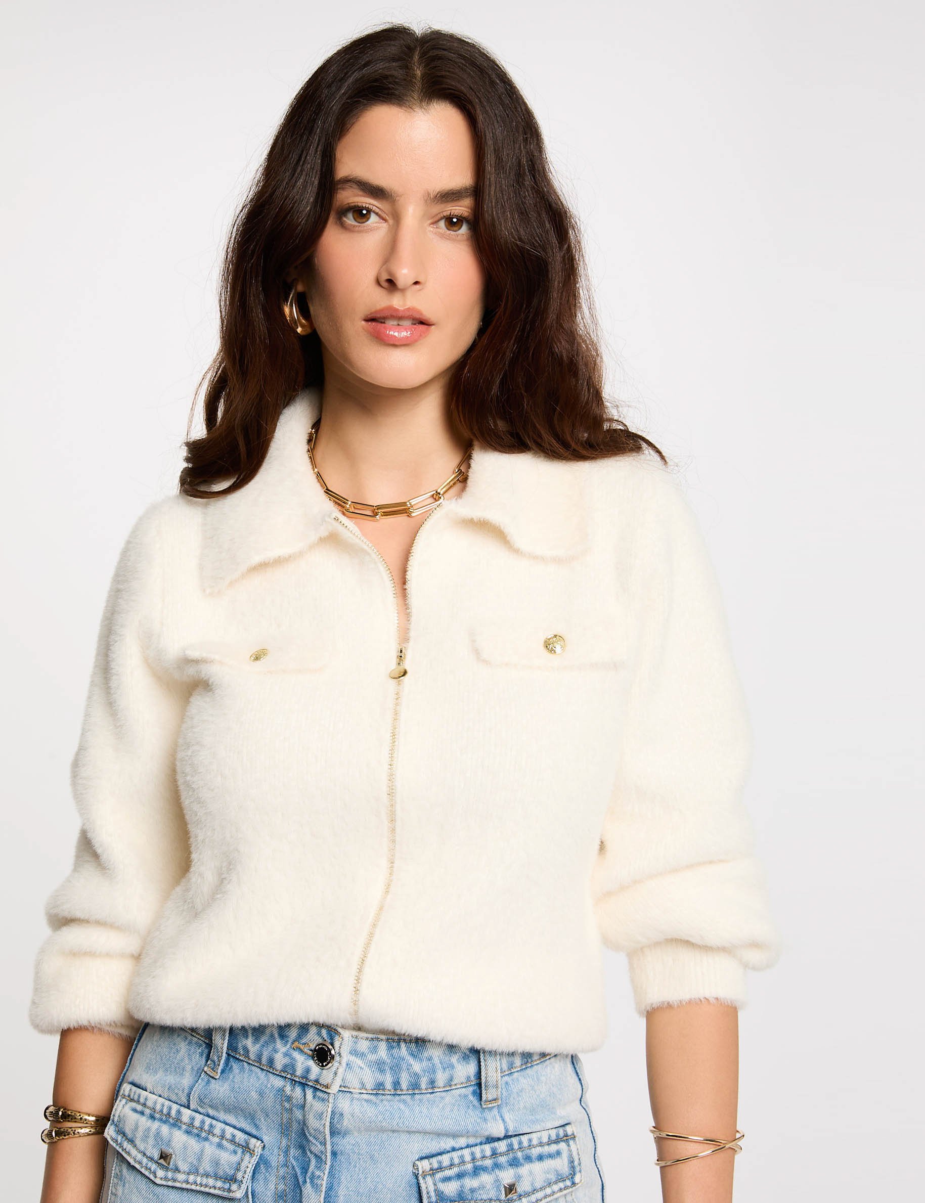 gilet manches longues col a revers ivoire femme Gilet manches longues col à revers ivoire femme