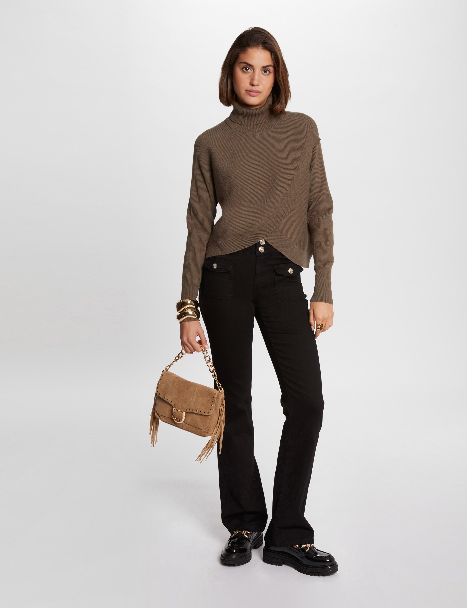 pull manches longues effet croise vert kaki femme Pull manches longues effet croisé vert kaki femme