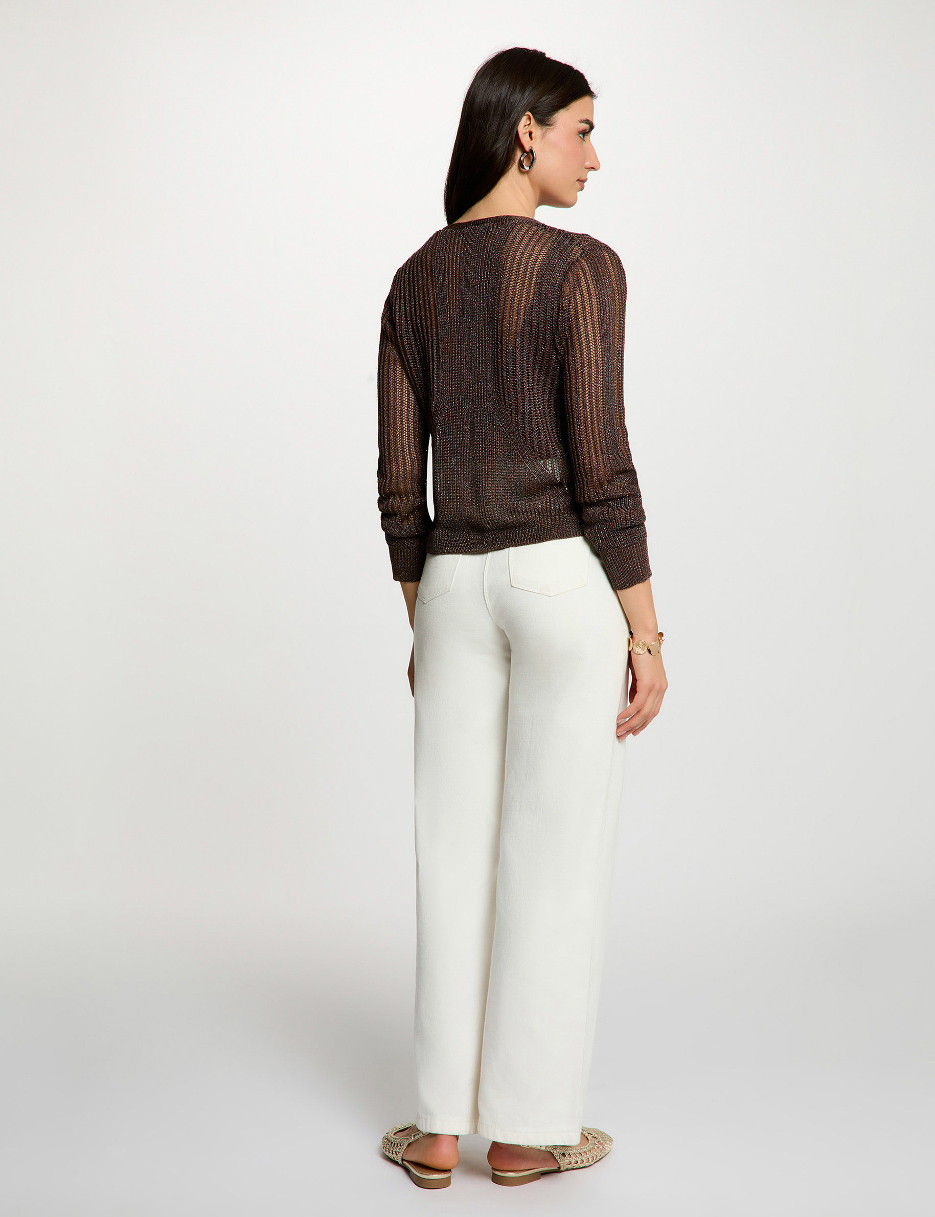 Gilet manches longues ajour&eacute; marron fonc&eacute; femme