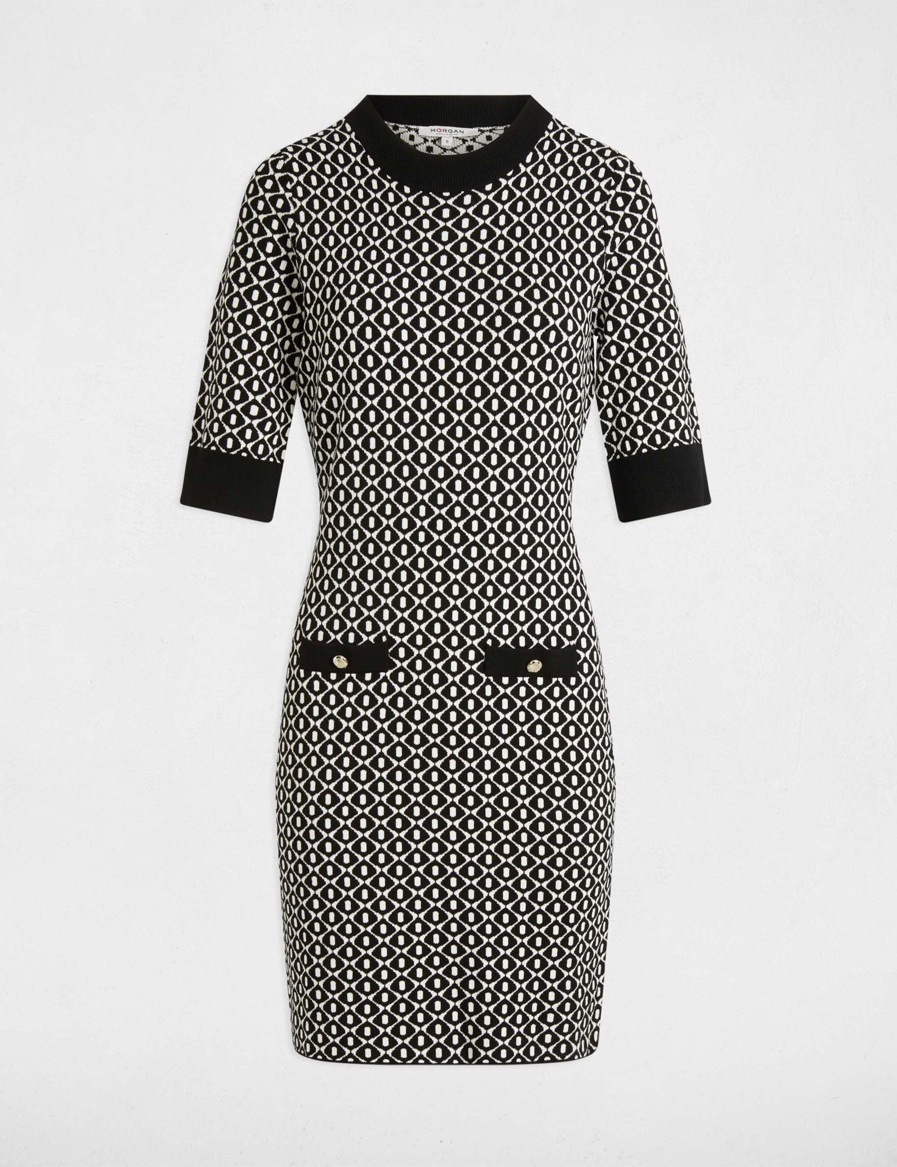 Robe tricot ajust&eacute;e imprim&eacute;e noir femme