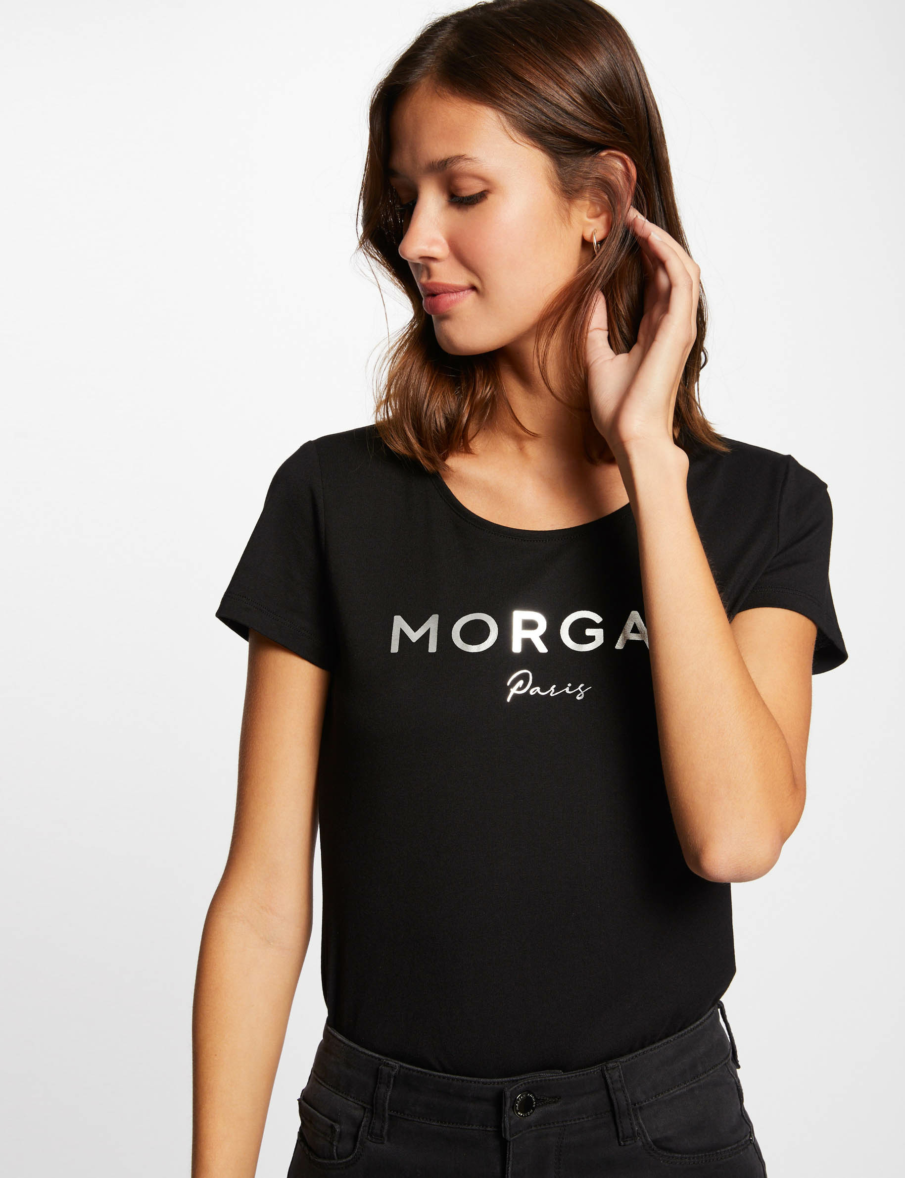 T-shirt manches courtes à inscription noir femme T-shirt manches courtes à inscription noir femme