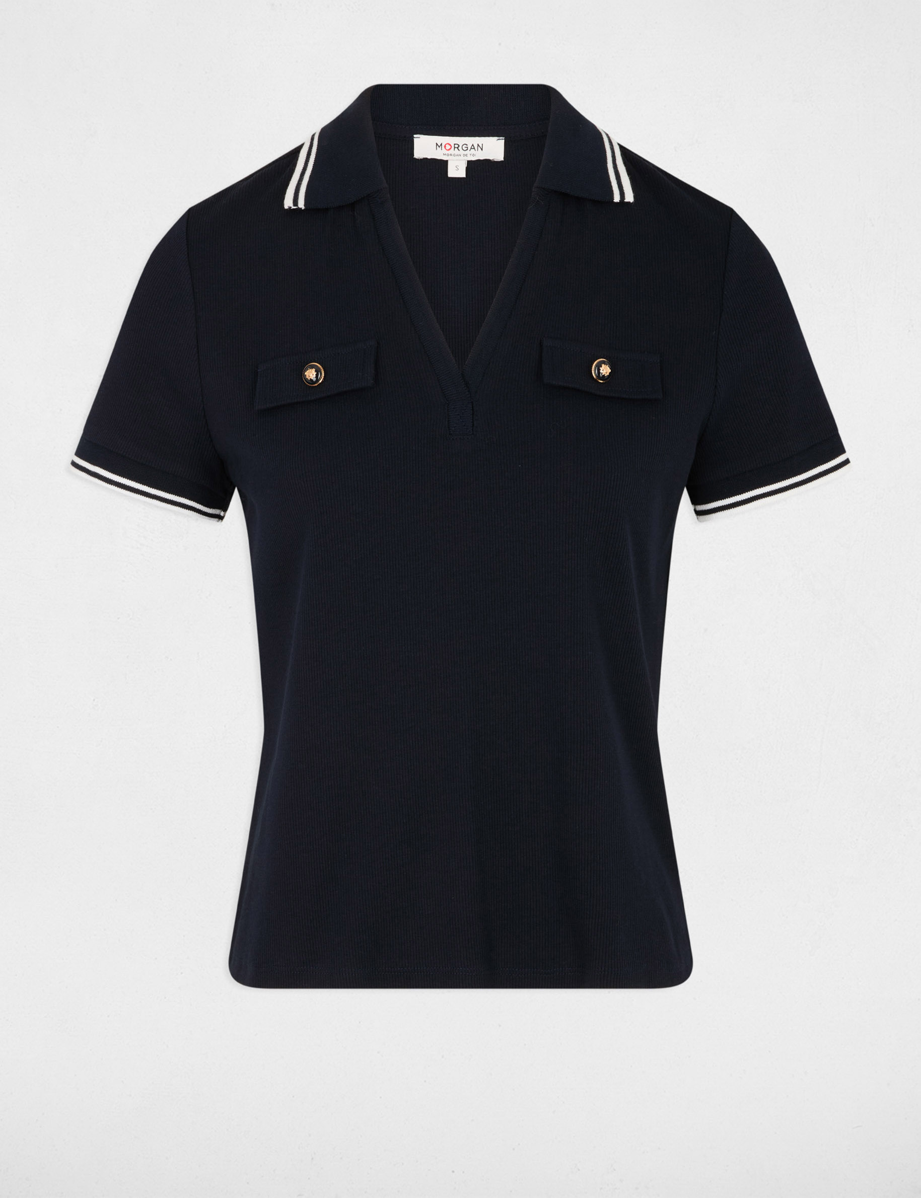 T-shirt polo cintr&eacute; bleu marine femme