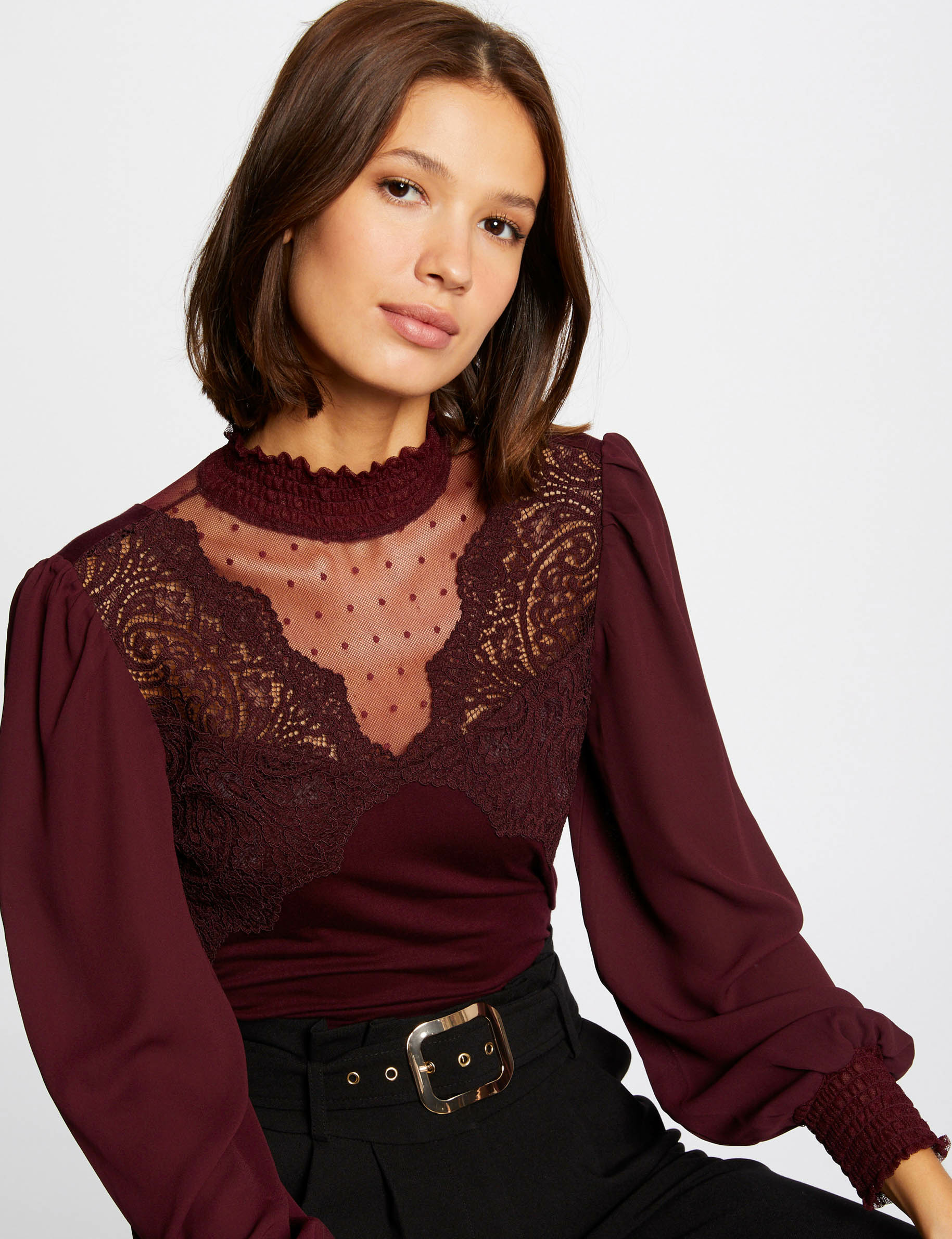 T-shirt manches longues à dentelle prune femme T-shirt manches longues à dentelle prune femme