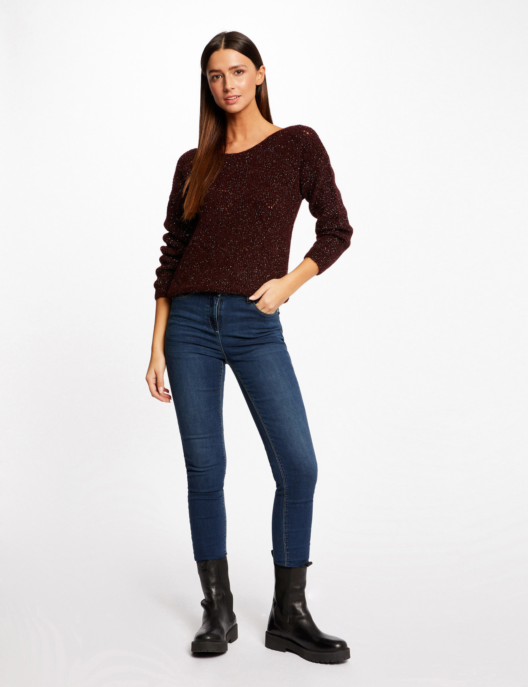 Pull manches longues à col rond prune femme Pull manches longues à col rond prune femme