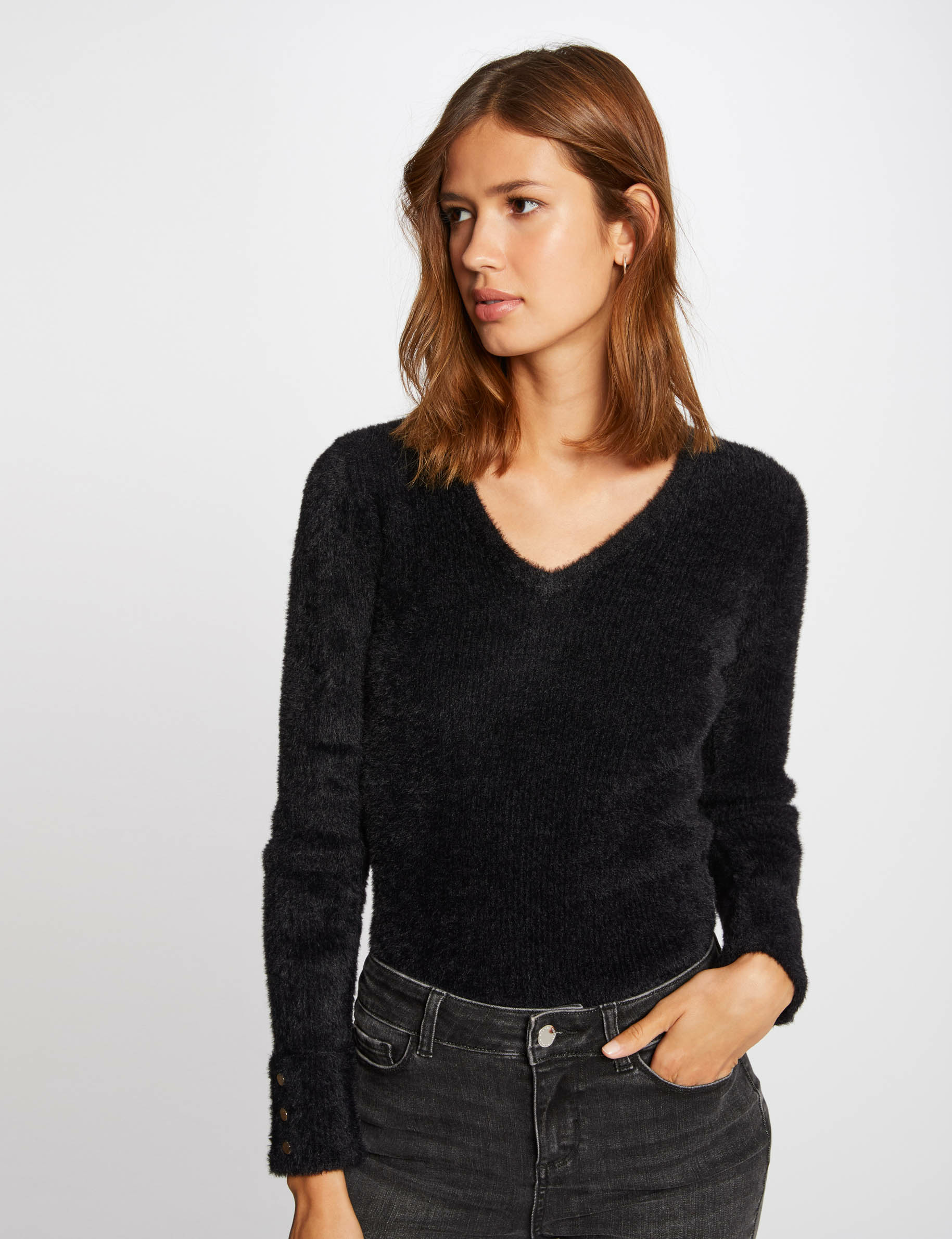 Pull manches longues maille duveteuse noir femme Morgan