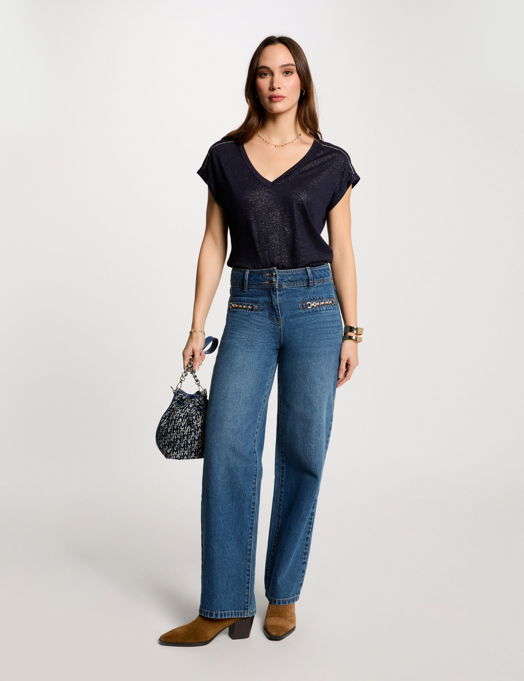 t shirt manches courtes strass bleu marine femme T-shirt manches courtes strass bleu marine femme