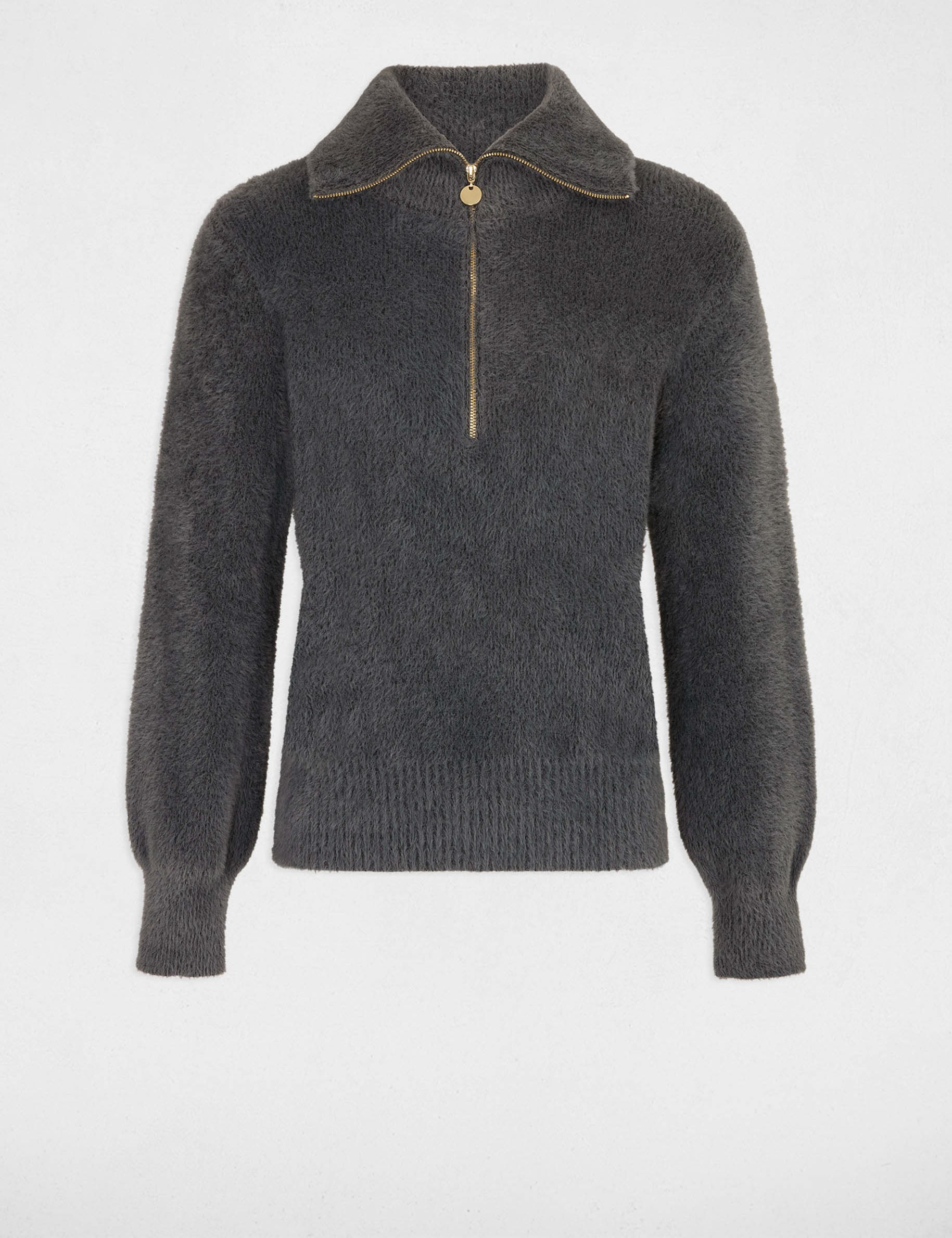 Pull manches longues &agrave; col zipp&eacute; gris anthracite femme