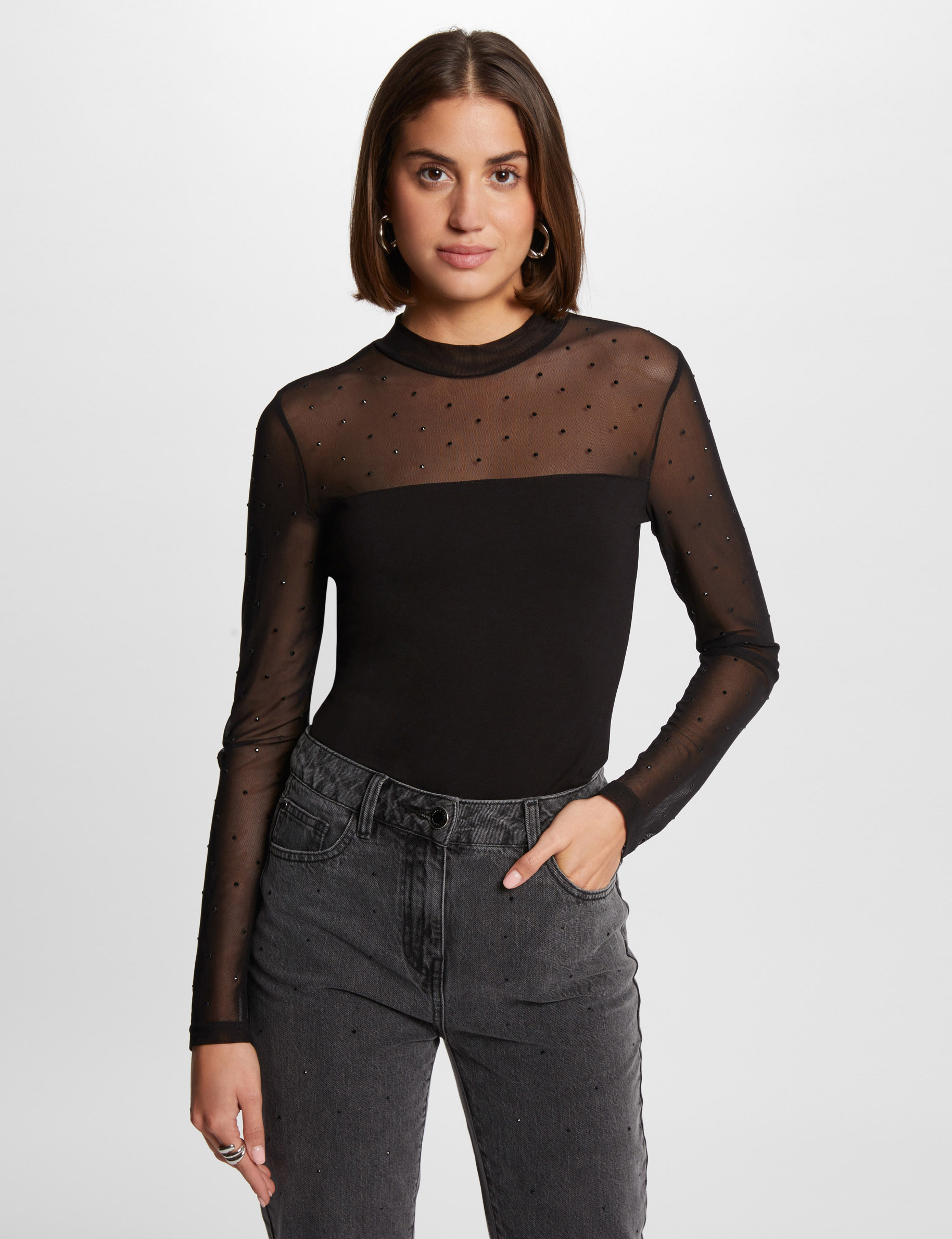t shirt manches longues strass noir femme T-shirt manches longues strass noir femme