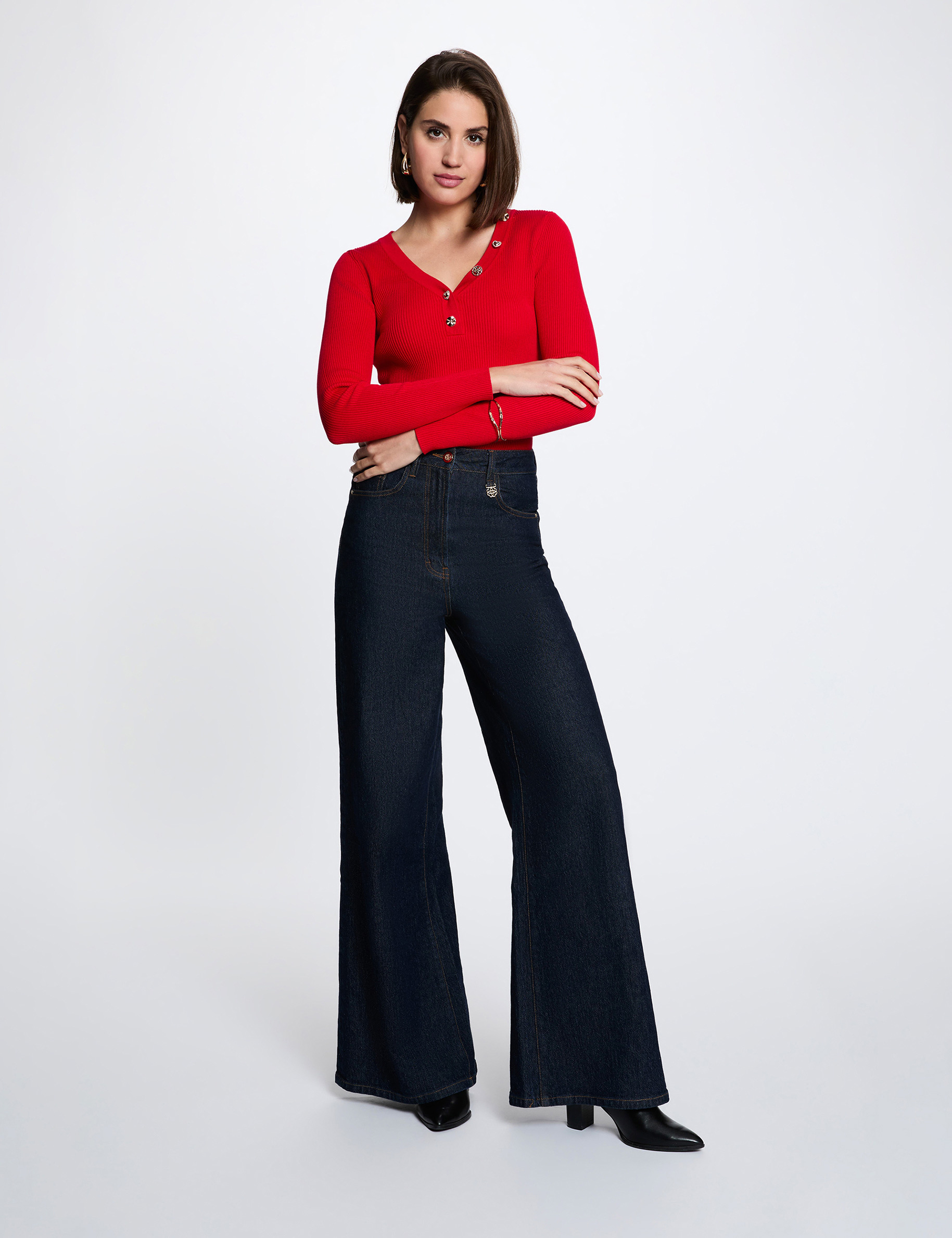Pull col v fantaisie rouge femme