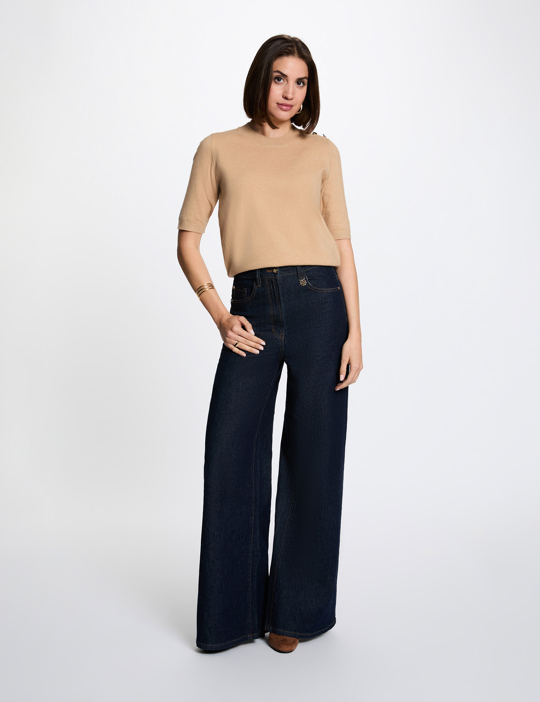 Pull col rond manches courtes beige femme