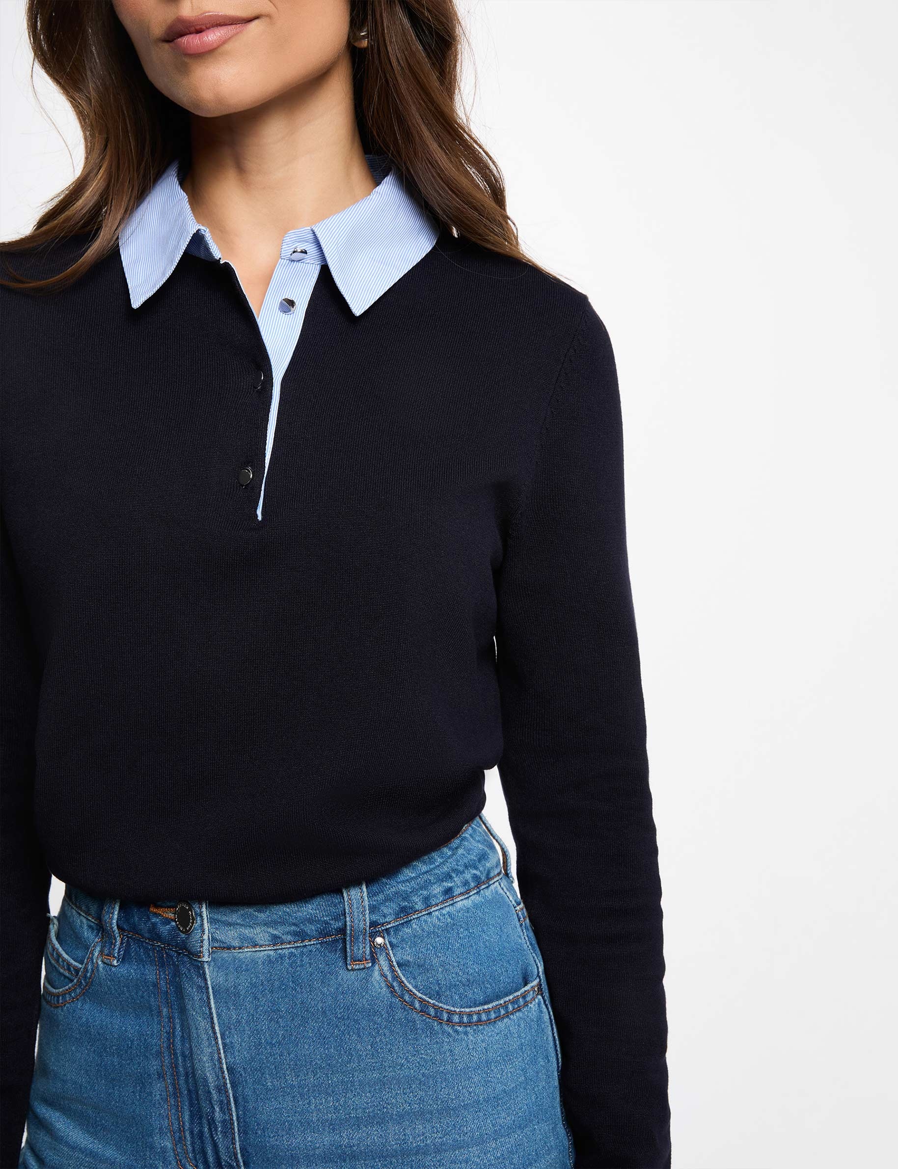 Pull col chemise bleu marine femme